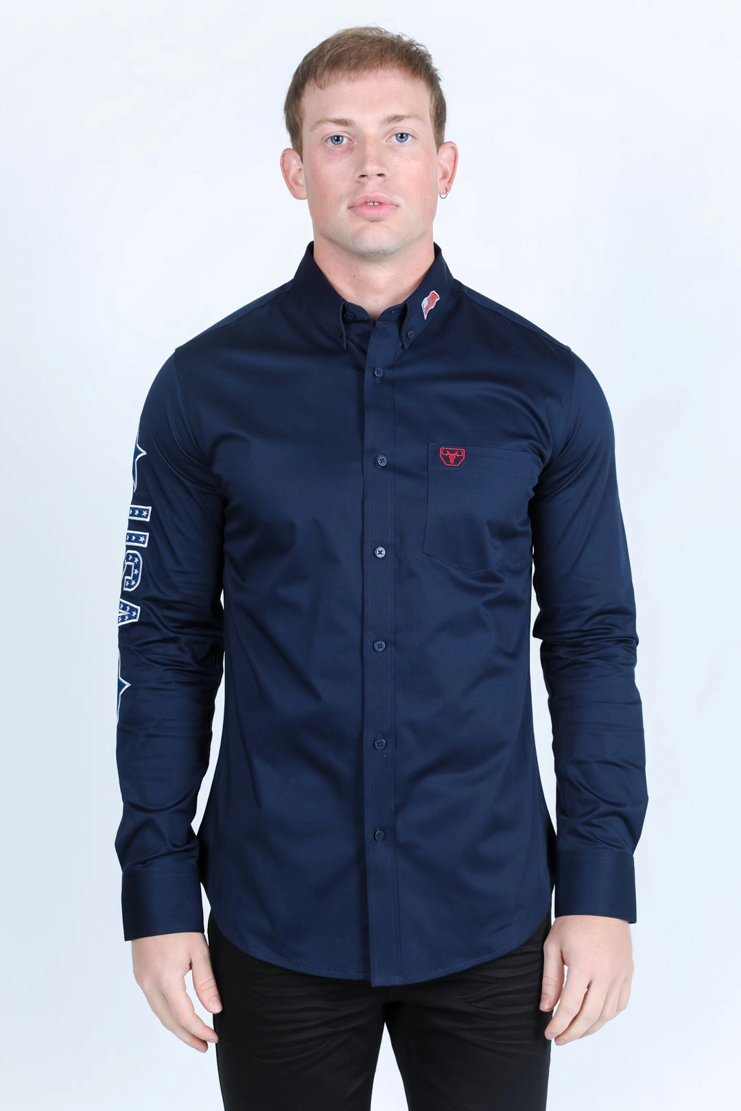 Brushed Inner Lining Trendy Daywear Mens Cotton Modern Fit Stretch USA Embroidery Shirt