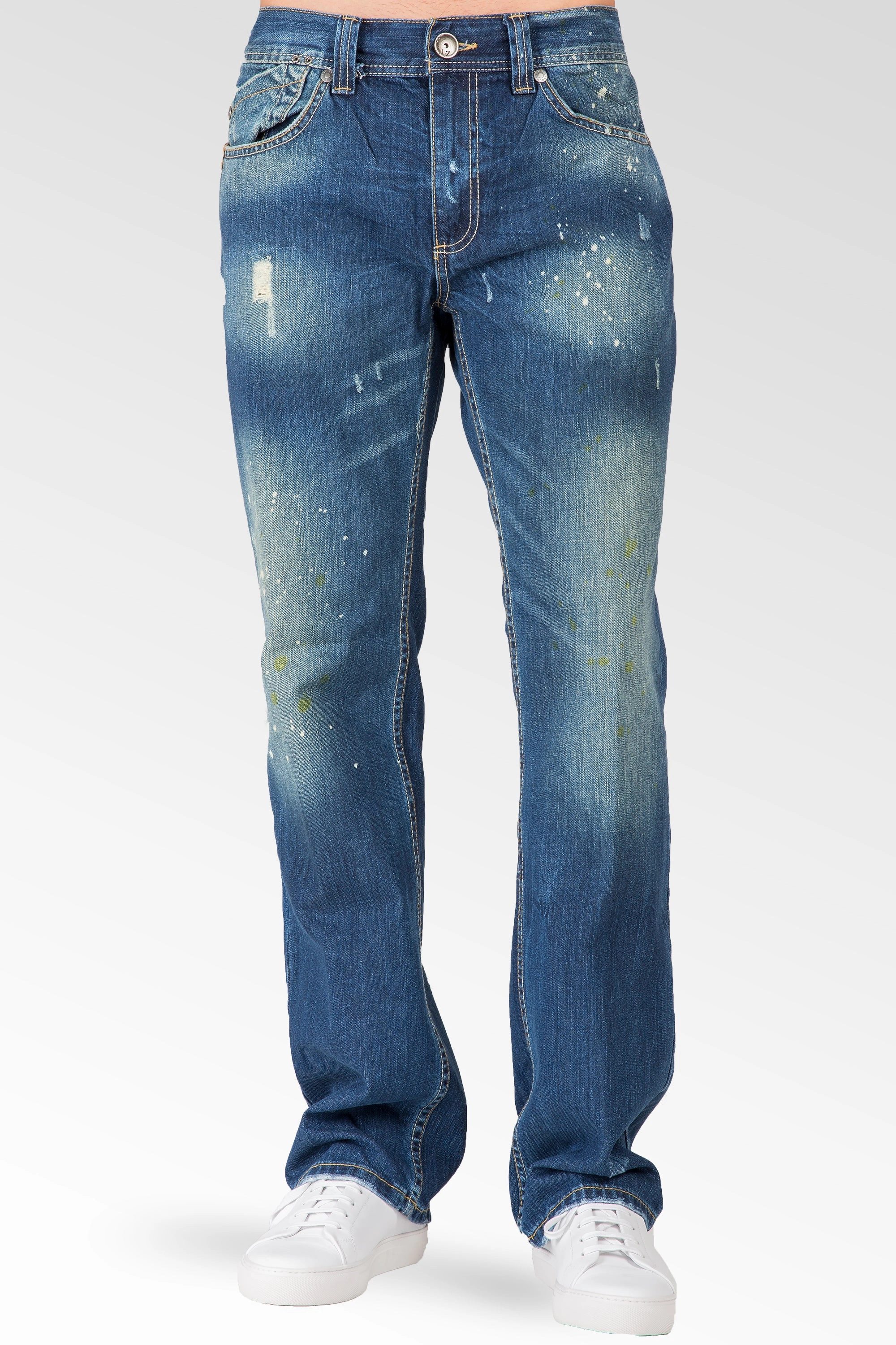 Men's Relaxed Straight Blue Distressed Premium Denim Signature Stone Wash Jeans KnotFree Tailoring pack light