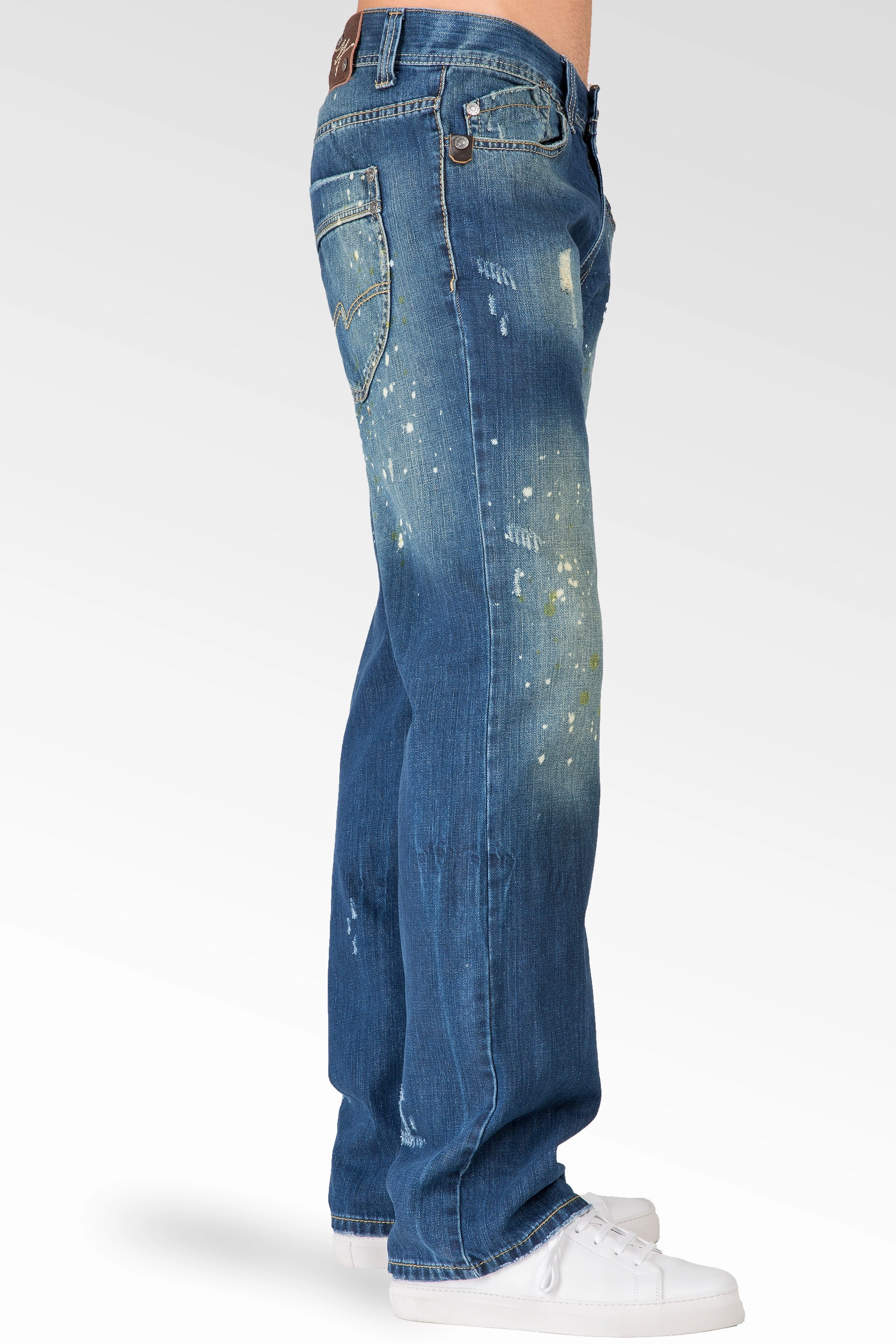 Men's Relaxed Straight Blue Distressed Premium Denim Signature Stone Wash Jeans ReflectiveTrims