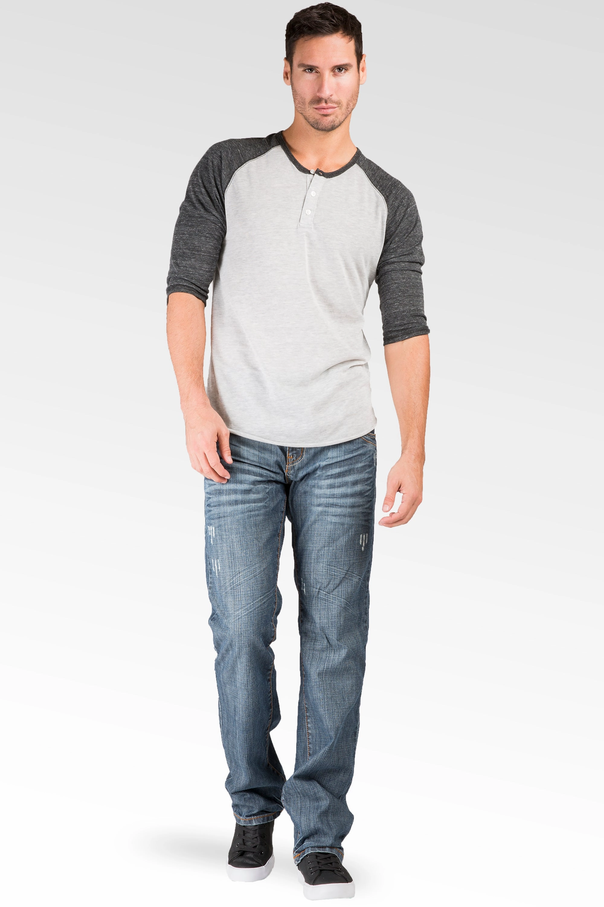 Relaxed Straight Medium Blue Distressed Premium Denim Jeans Zipper Trim Pocket Smart Fit Universal Clasp Mechanism