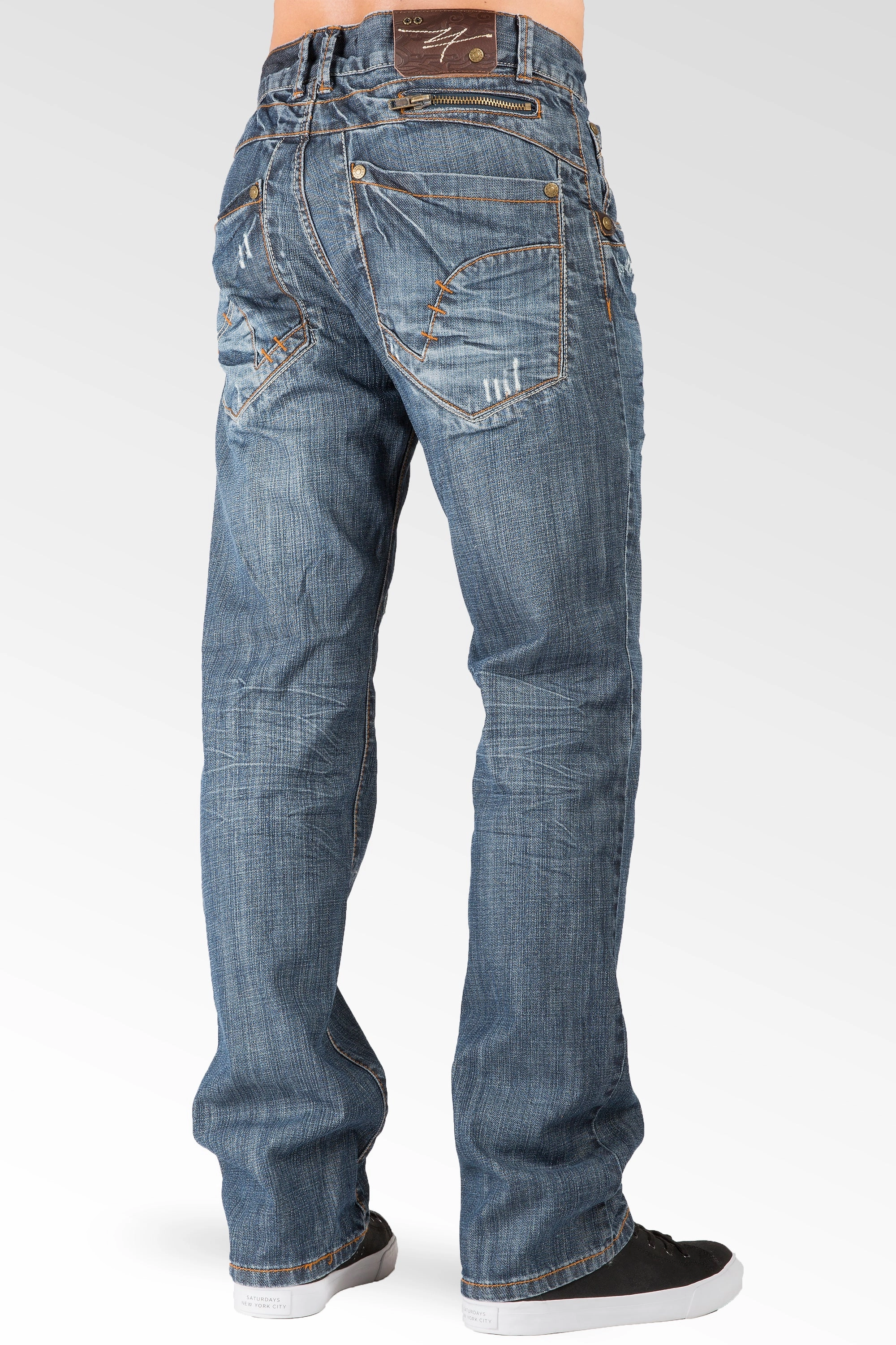 Relaxed Straight Medium Blue Distressed Premium Denim Jeans Zipper Trim Pocket Ergonomic Cut