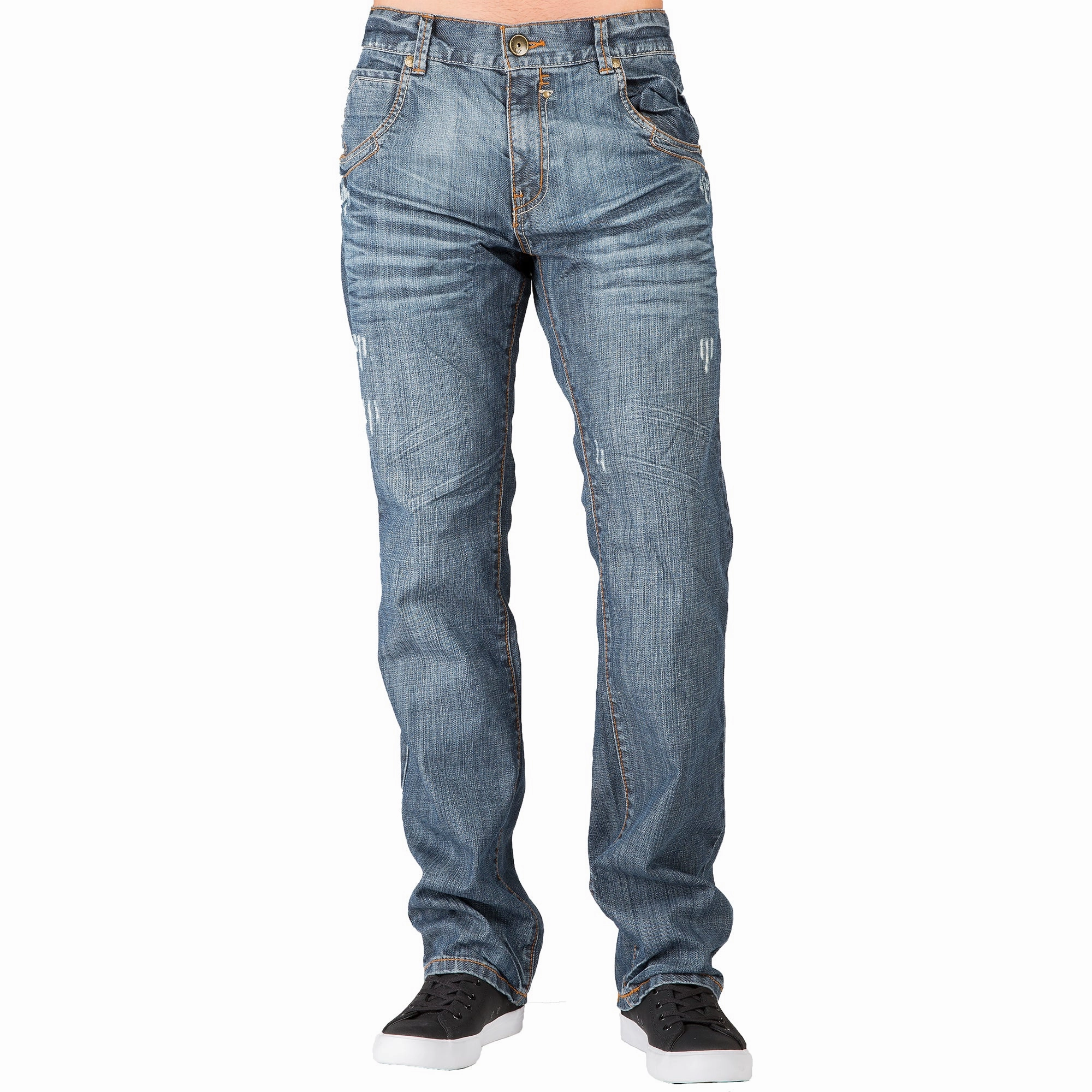 Matte Fit Fur Fit Relaxed Straight Medium Blue Distressed Premium Denim Jeans Zipper Trim Pocket