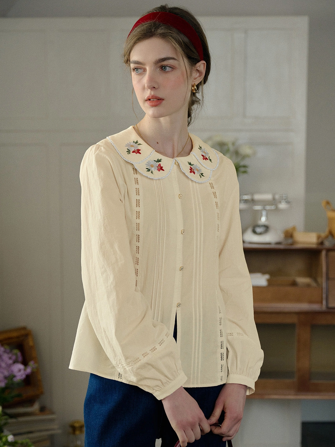 Earth Fit Soft Touch ??Final Sale??Gracelyn Peter Pan Collar Embroidery Blouse - White