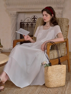 Trendy Trousers May Square Neck Embroidery 100% Cotton Dress