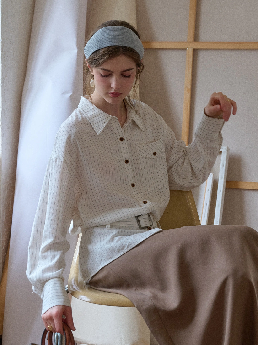 Breathable mesh Mckenna Lapel Stripes Belt Linen Shirt