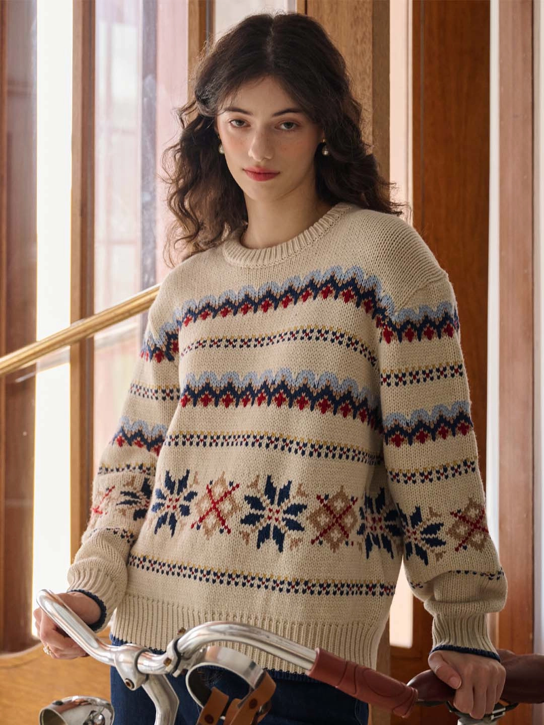 Melanie Ribbed Crew Neck Fair Isle Geometric Sweater Aerated Seam Placement Lightweight Material