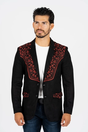 MoistureWickingTechnology Men's Black/Burgundy Embroidered Faux-Suede Blazer