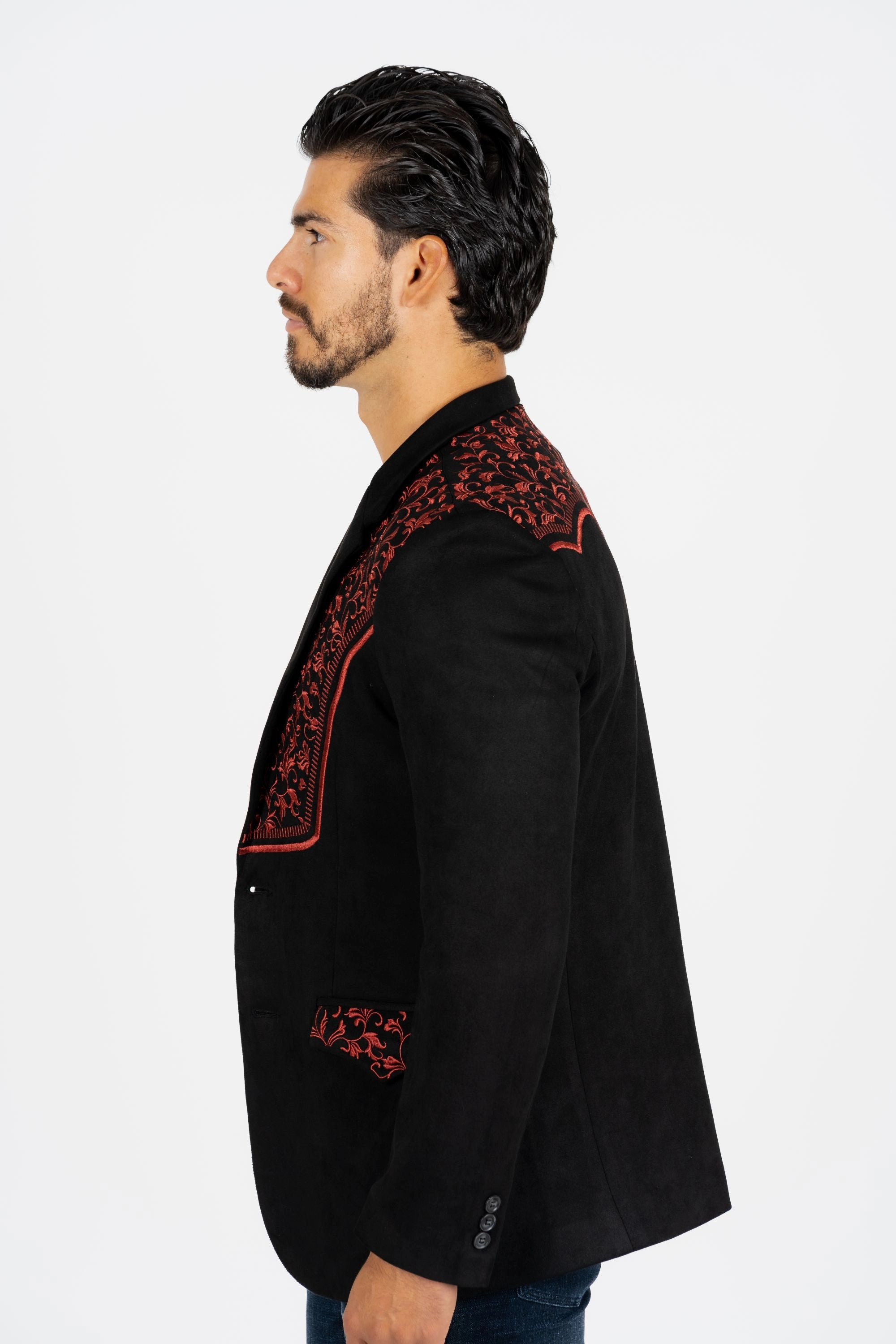 Men's Black/Burgundy Embroidered Faux-Suede Blazer Breathable Lining UVProtectionCloth