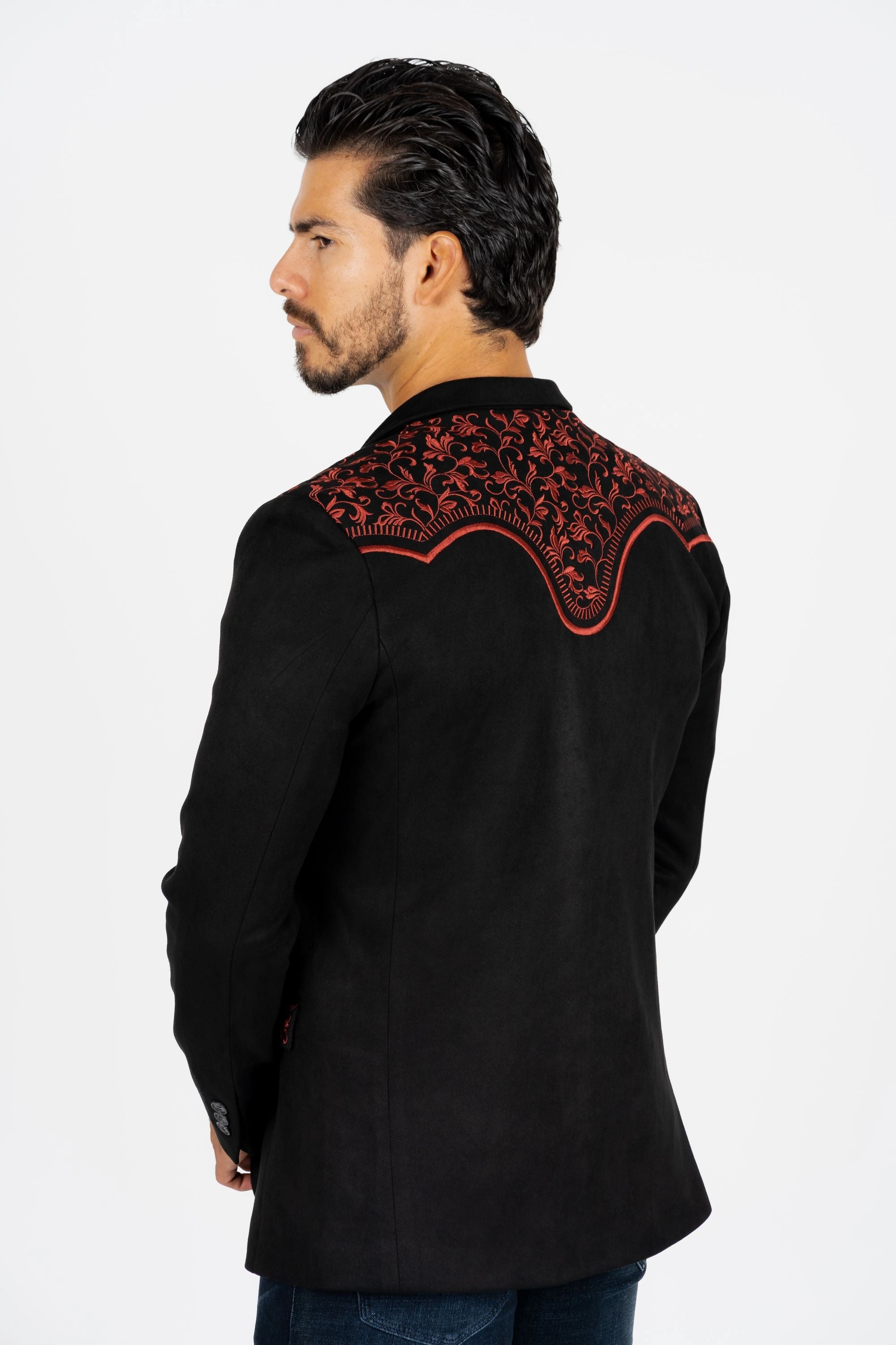 LowMaintenance Material AdjustableStraps Men's Black/Burgundy Embroidered Faux-Suede Blazer