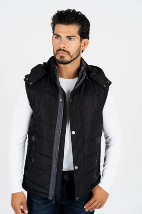 Light Reflective Logos Lightweight Thermal Tech Men's Black Padded Hooded Vest w/ Faux Fur Lining
