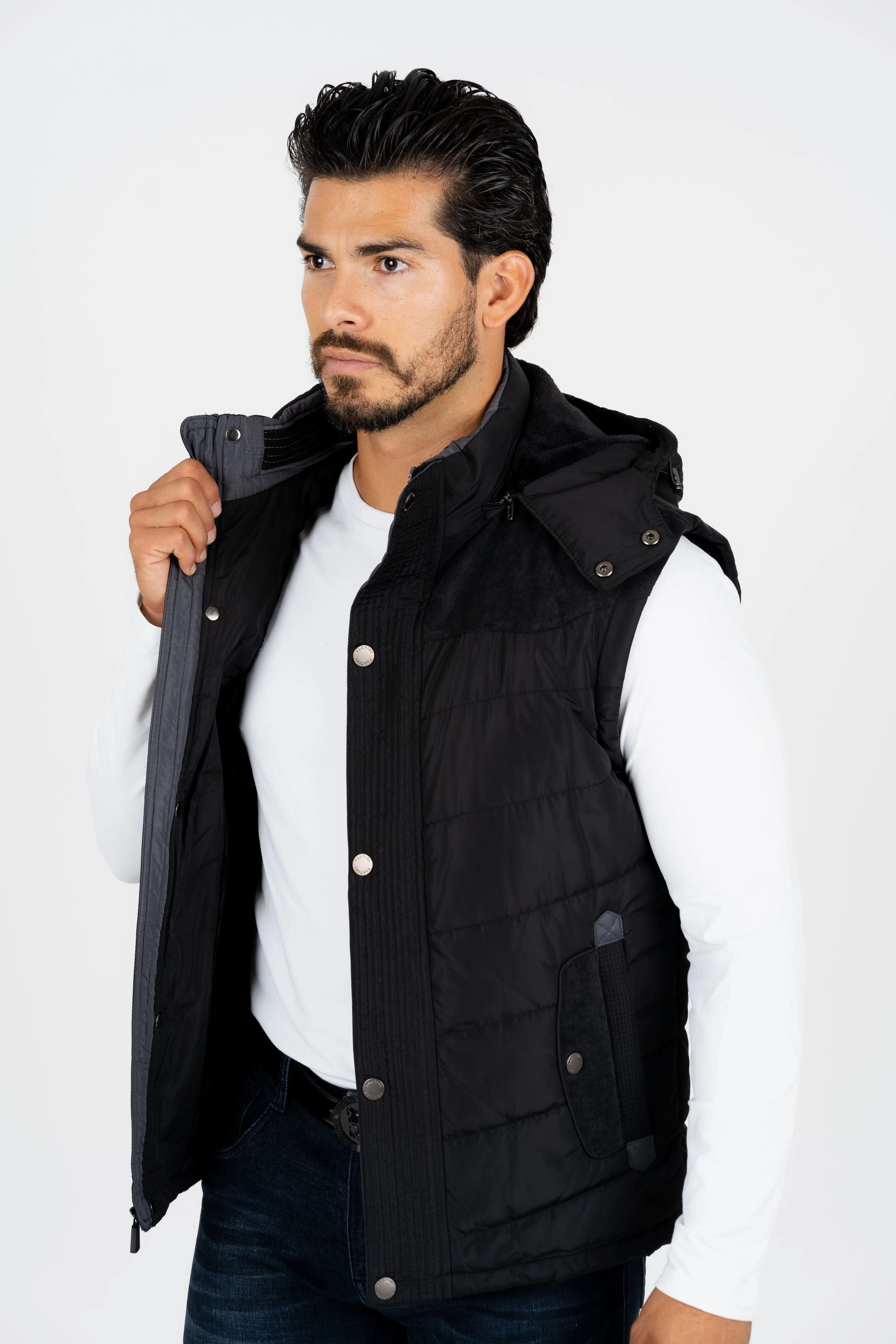 Quick Wear Fit Urban Fit Look Men's Black Padded Hooded Vest w/ Faux Fur Lining