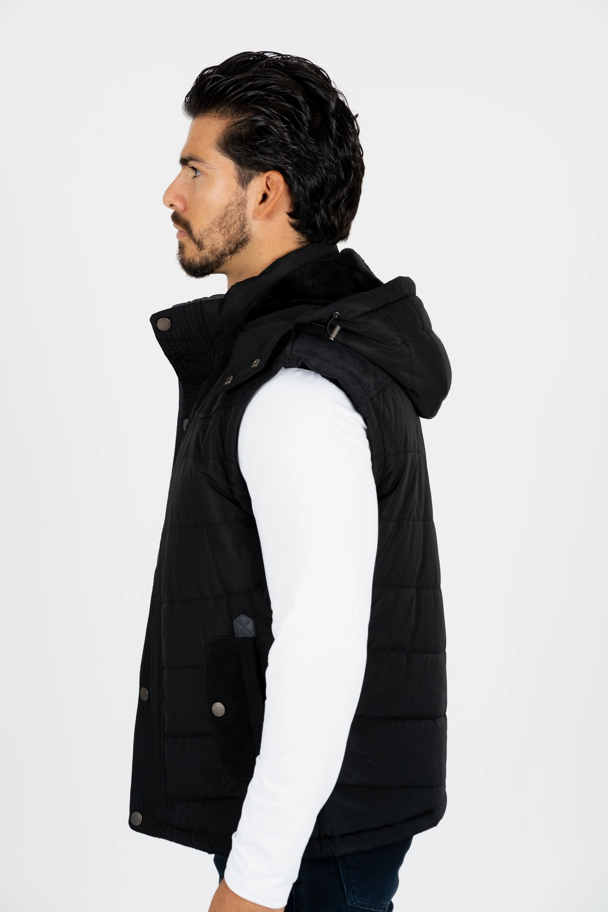 Men's Black Padded Hooded Vest w/ Faux Fur Lining Modular Layering System