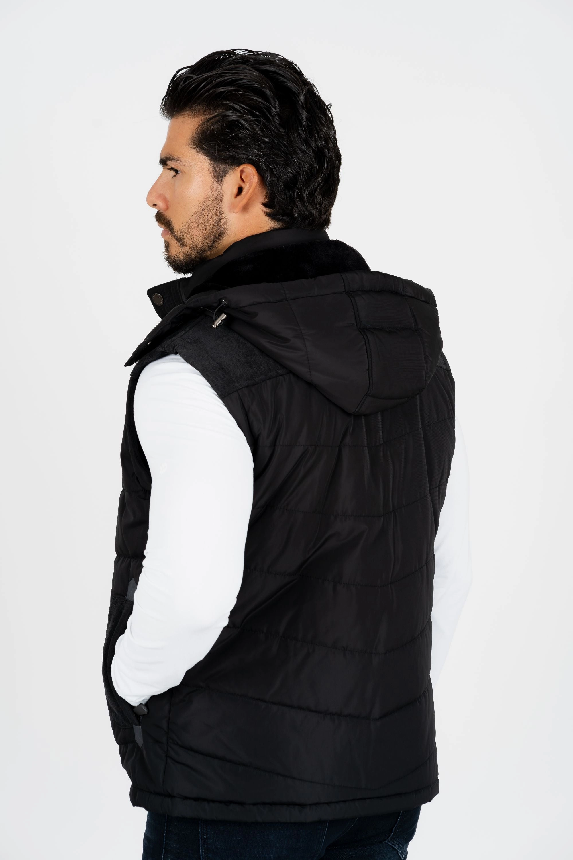 Men's Black Padded Hooded Vest w/ Faux Fur Lining Hypoallergenic Padding Noise Reduciting Fabric