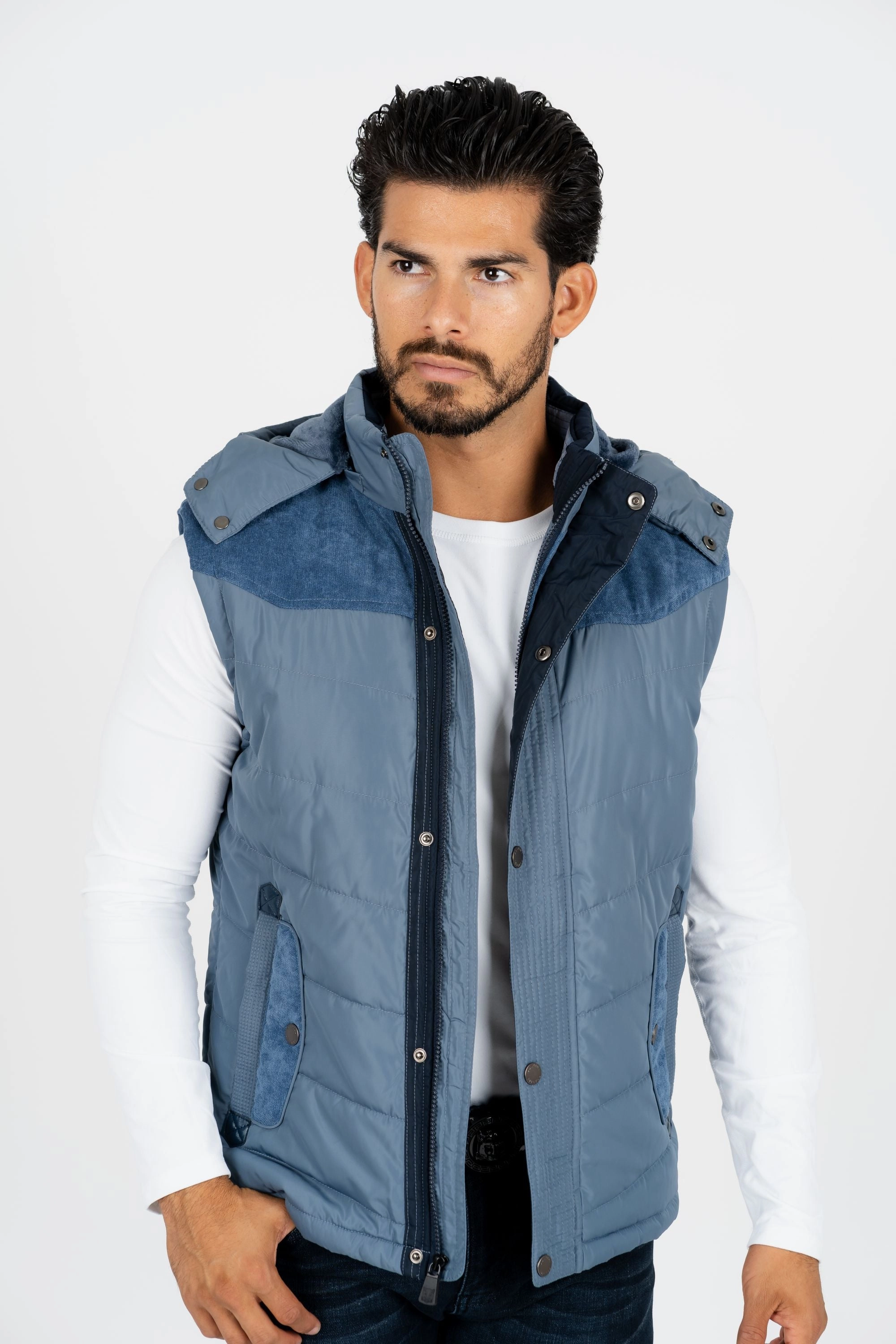Quick Dry Fabric Technology Men's Blue Padded Hooded Vest w/ Faux Fur Lining
