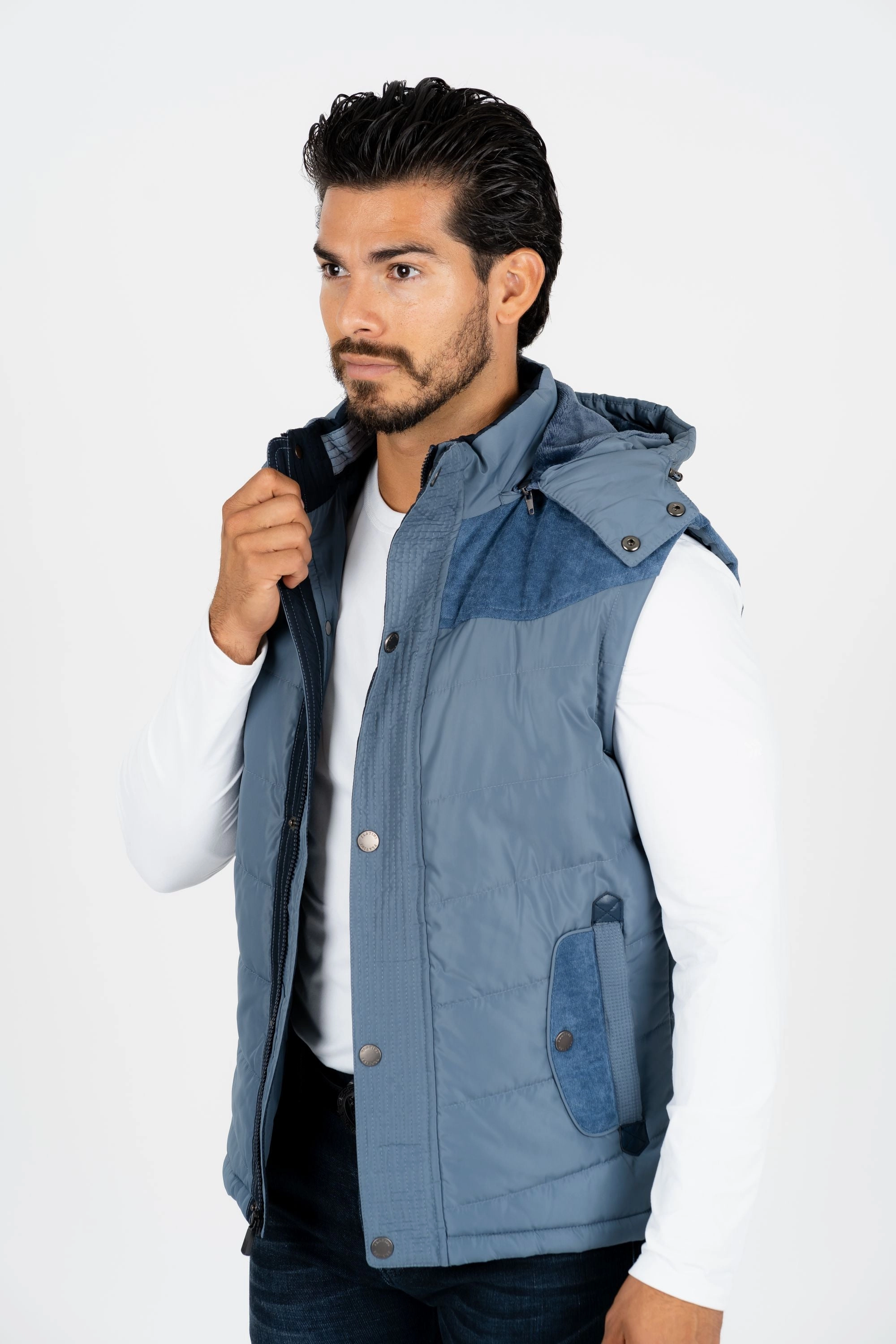 MoistureWickingInterior Multi Pocket Design Men's Blue Padded Hooded Vest w/ Faux Fur Lining