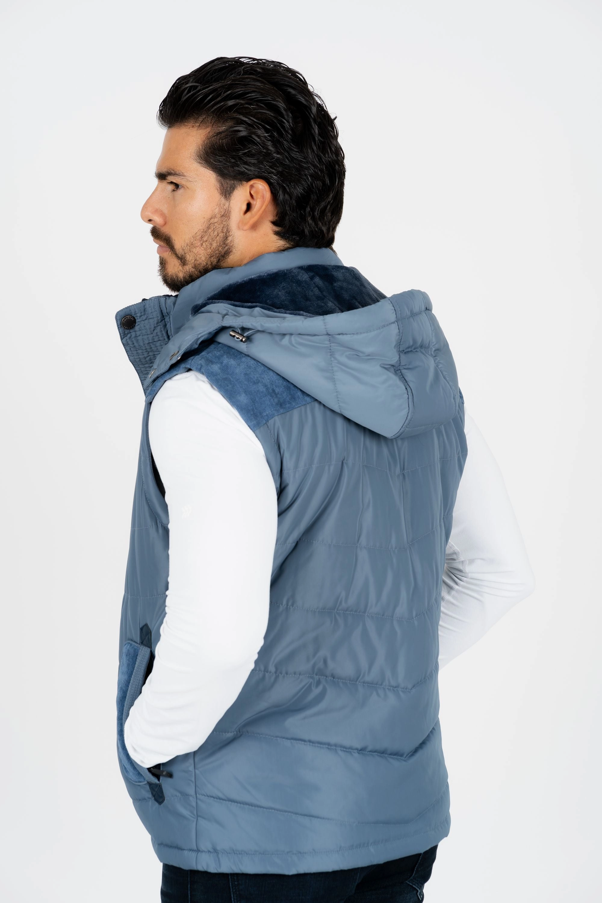 Bonded Zippers Men's Blue Padded Hooded Vest w/ Faux Fur Lining