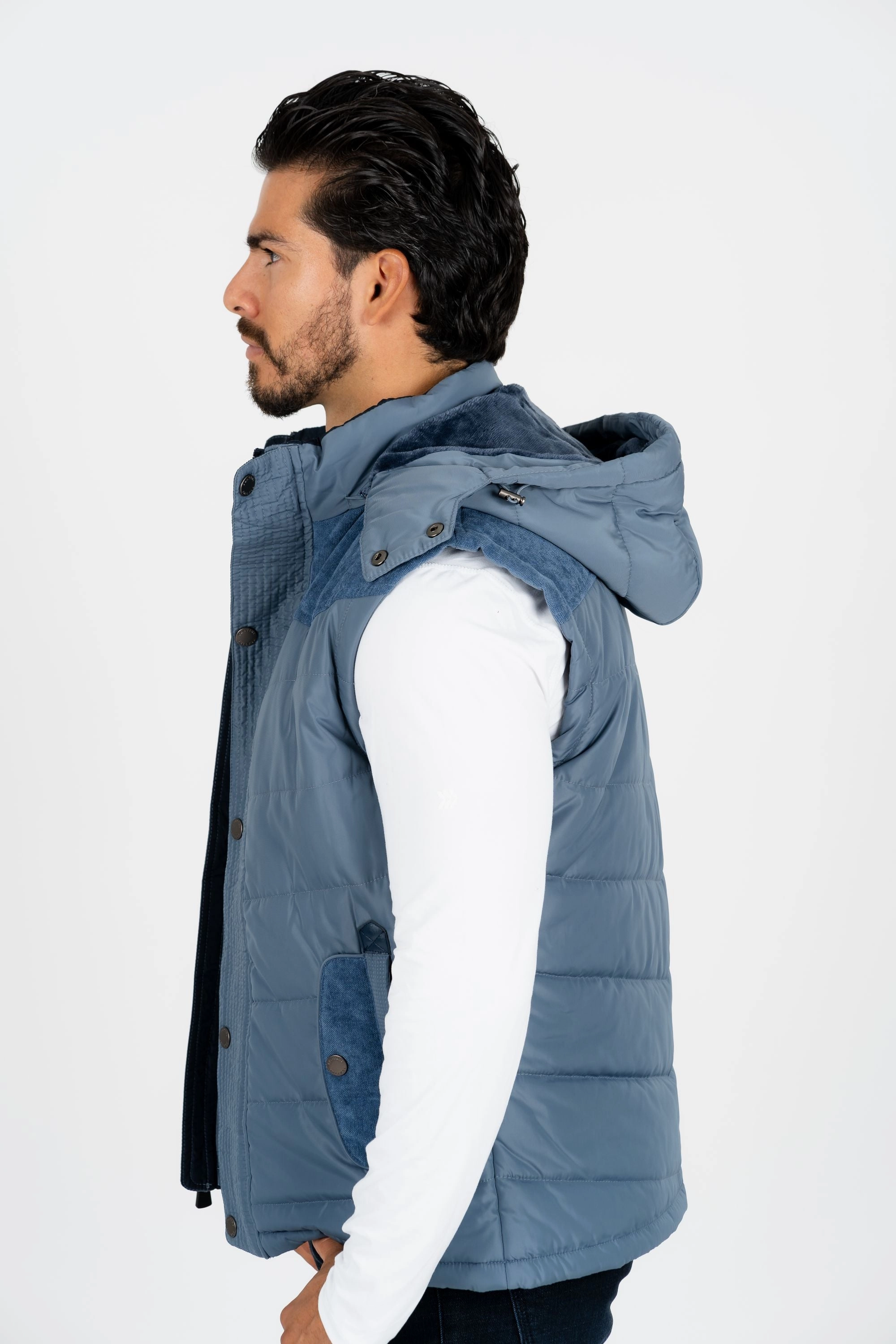Men's Blue Padded Hooded Vest w/ Faux Fur Lining Sustainable Recycled Material Cold Day Look