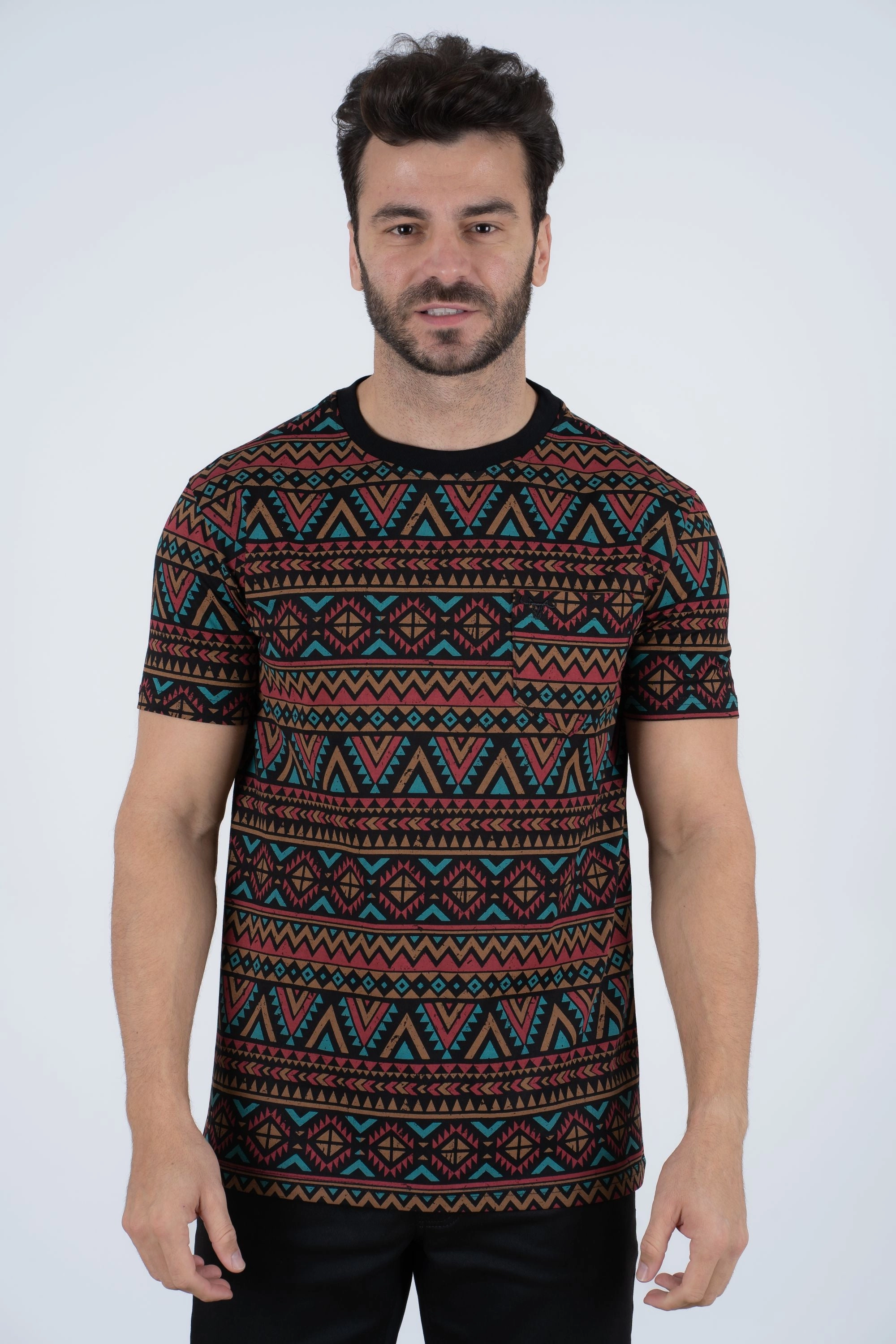 Men's Cotton Black Aztec Print T-shirt SoftenedTexturedWeave Athletic Wear