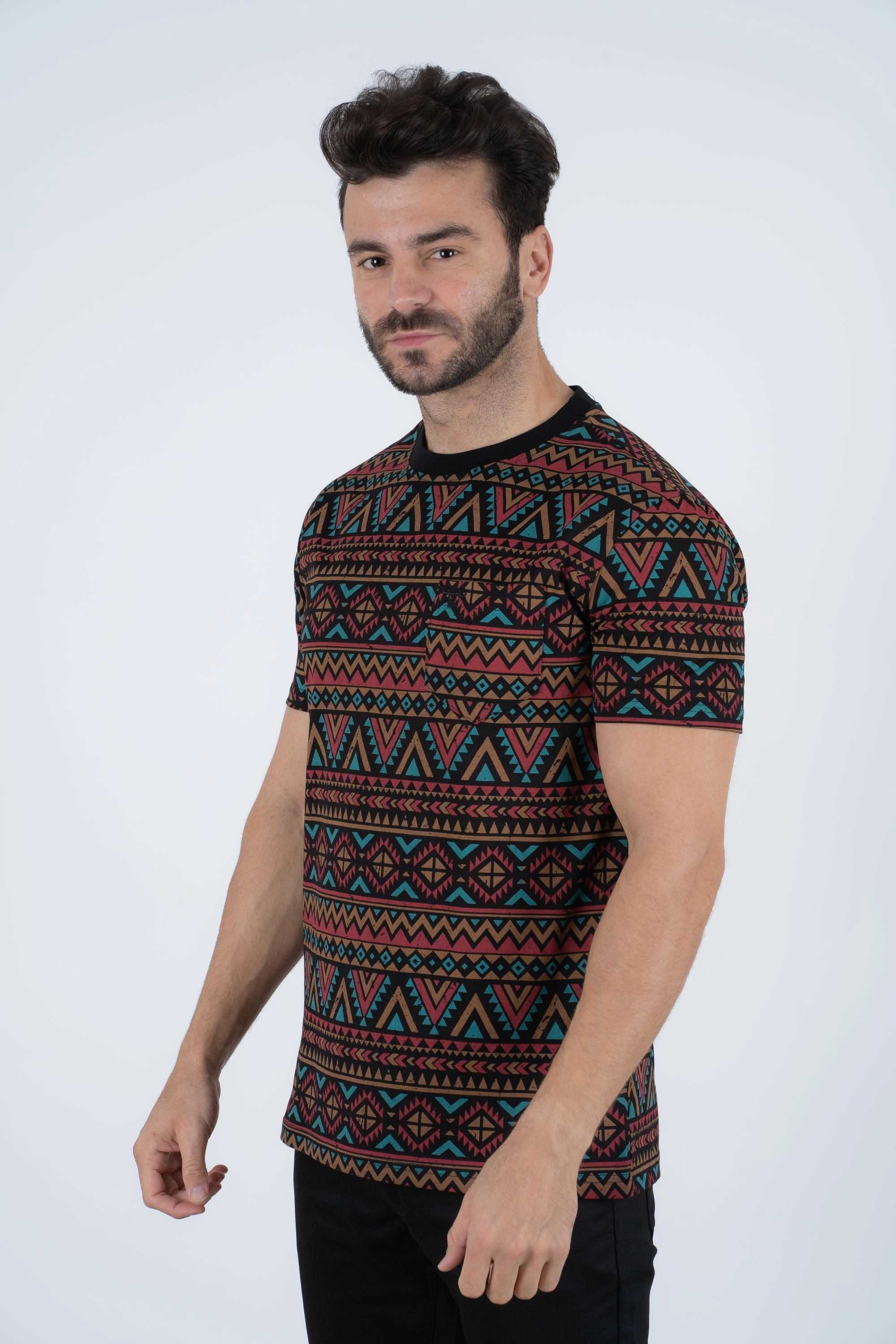 Summer Favorite Men's Cotton Black Aztec Print T-shirt