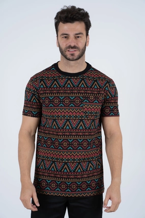 Men's Cotton Black Aztec Print T-shirt SoftenedTexturedWeave Athletic Wear