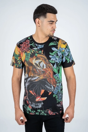 V neck Men's Cotton Black Rhinestone T-shirt