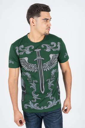 Men's Cotton Green Rhinestone T-shirt Garment Dyed Technique