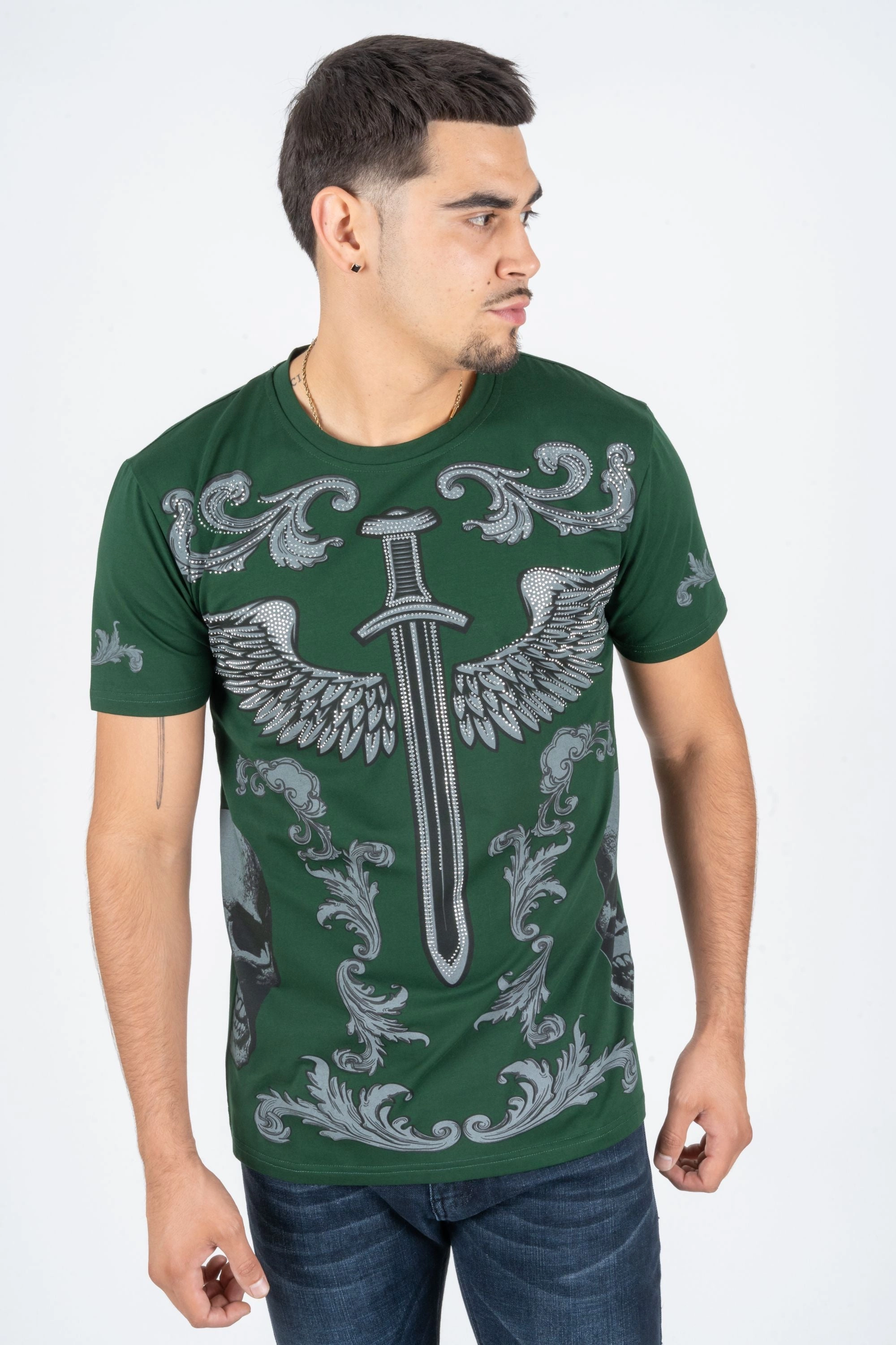 Men's Cotton Green Rhinestone T-shirt Garment Dyed Technique