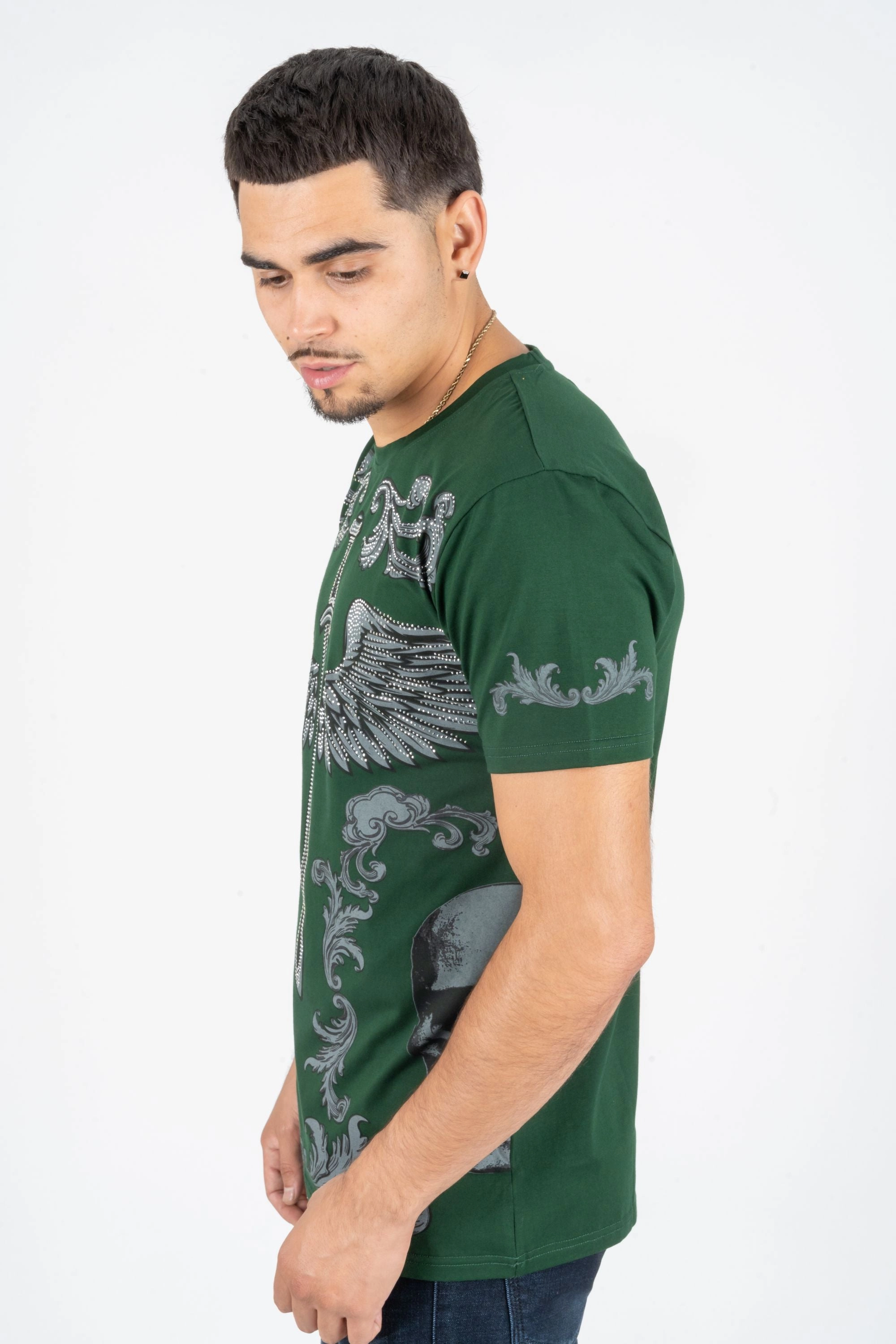 Men's Cotton Green Rhinestone T-shirt Stylish Layer Look Chic Wearable