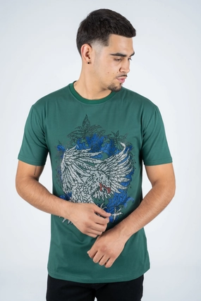 Comfort Fit Comfort Design Fit Men's Cotton Green Rhinestone T-shirt