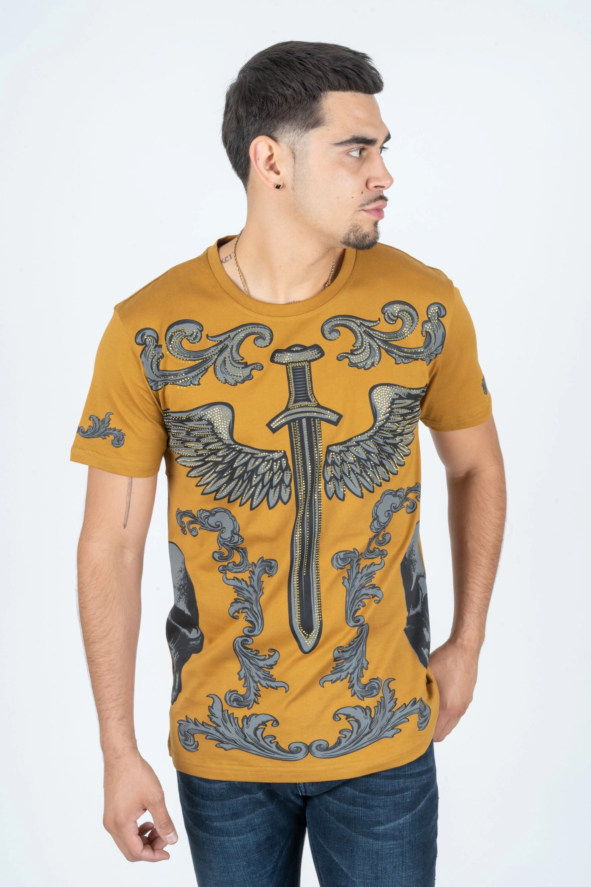 Silk combination Men's Cotton Mustard Rhinestone T-shirt