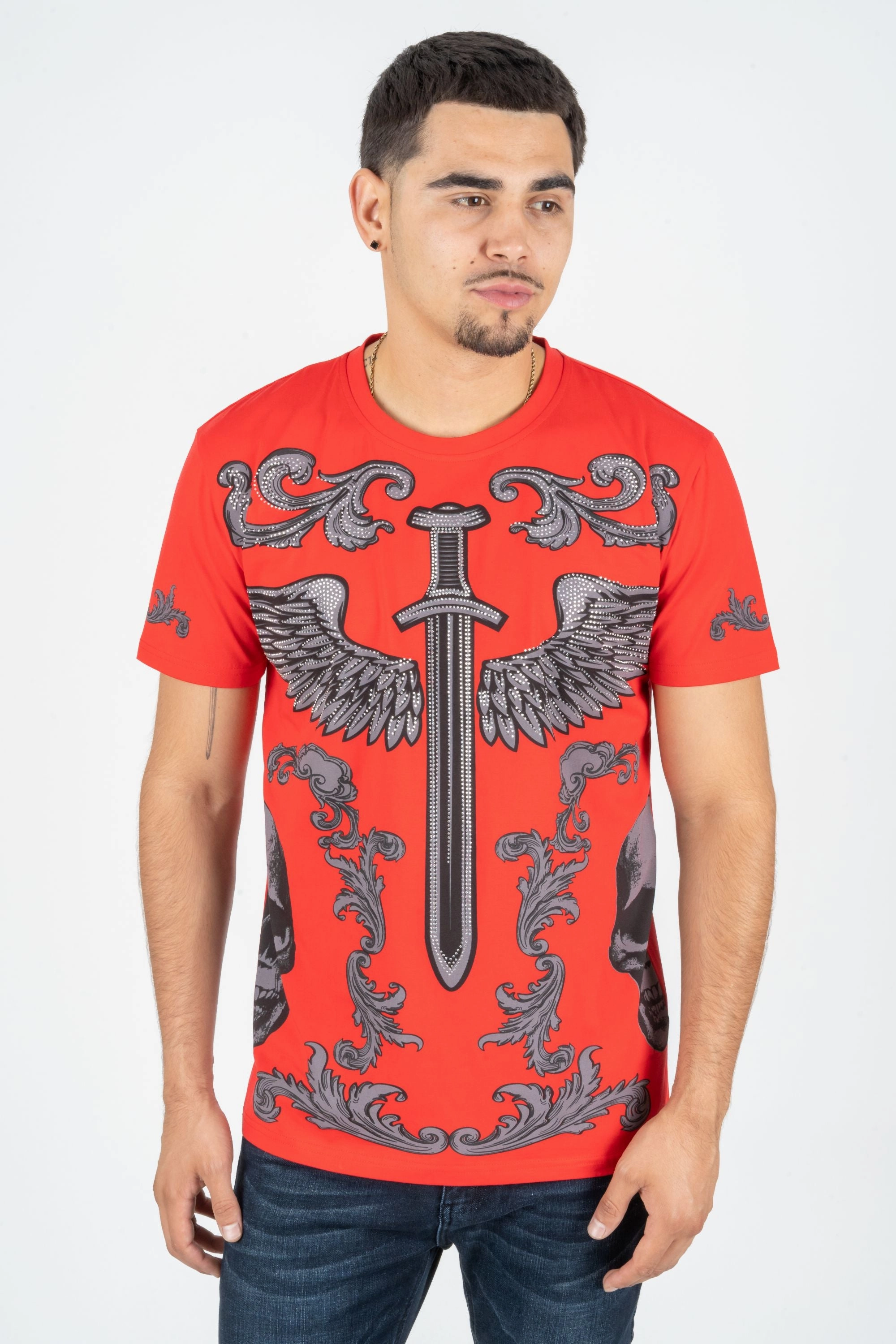 Men's Cotton Orange Rhinestone T-shirt Active Outfit Style