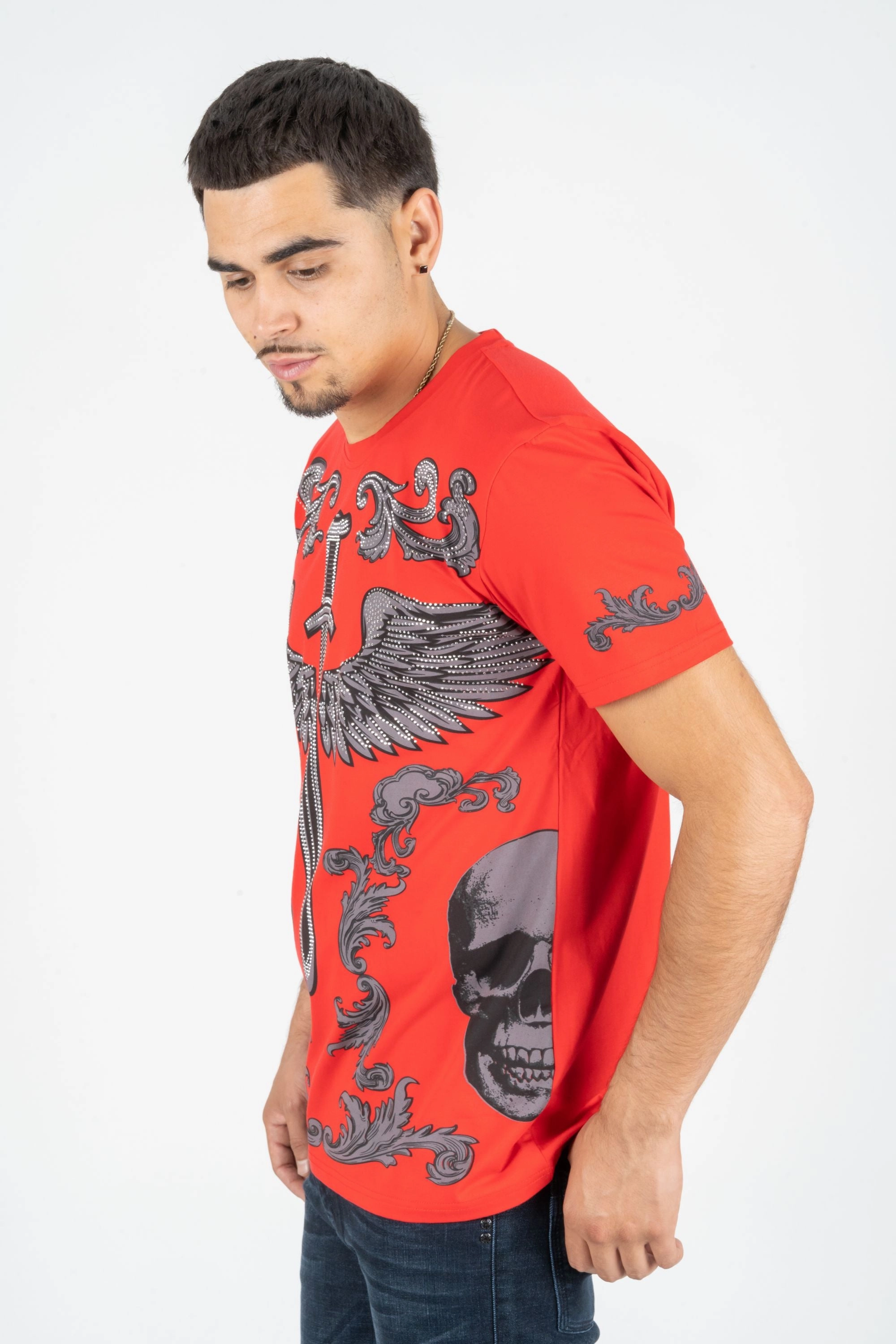 No-Fuss Design athletic style Men's Cotton Orange Rhinestone T-shirt
