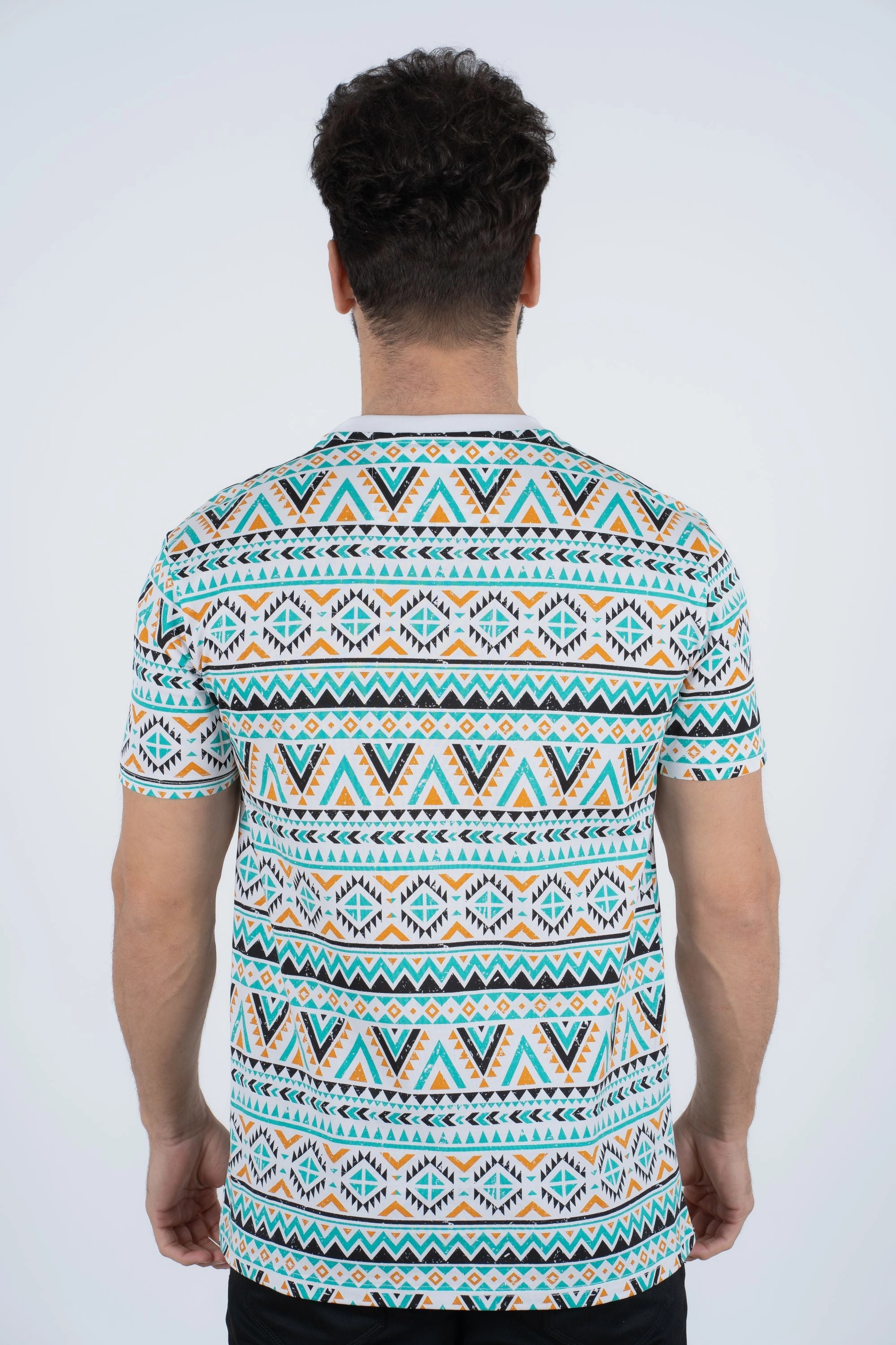 Comfortable Layering Chic Look Men's Cotton White Aztec Print T-shirt
