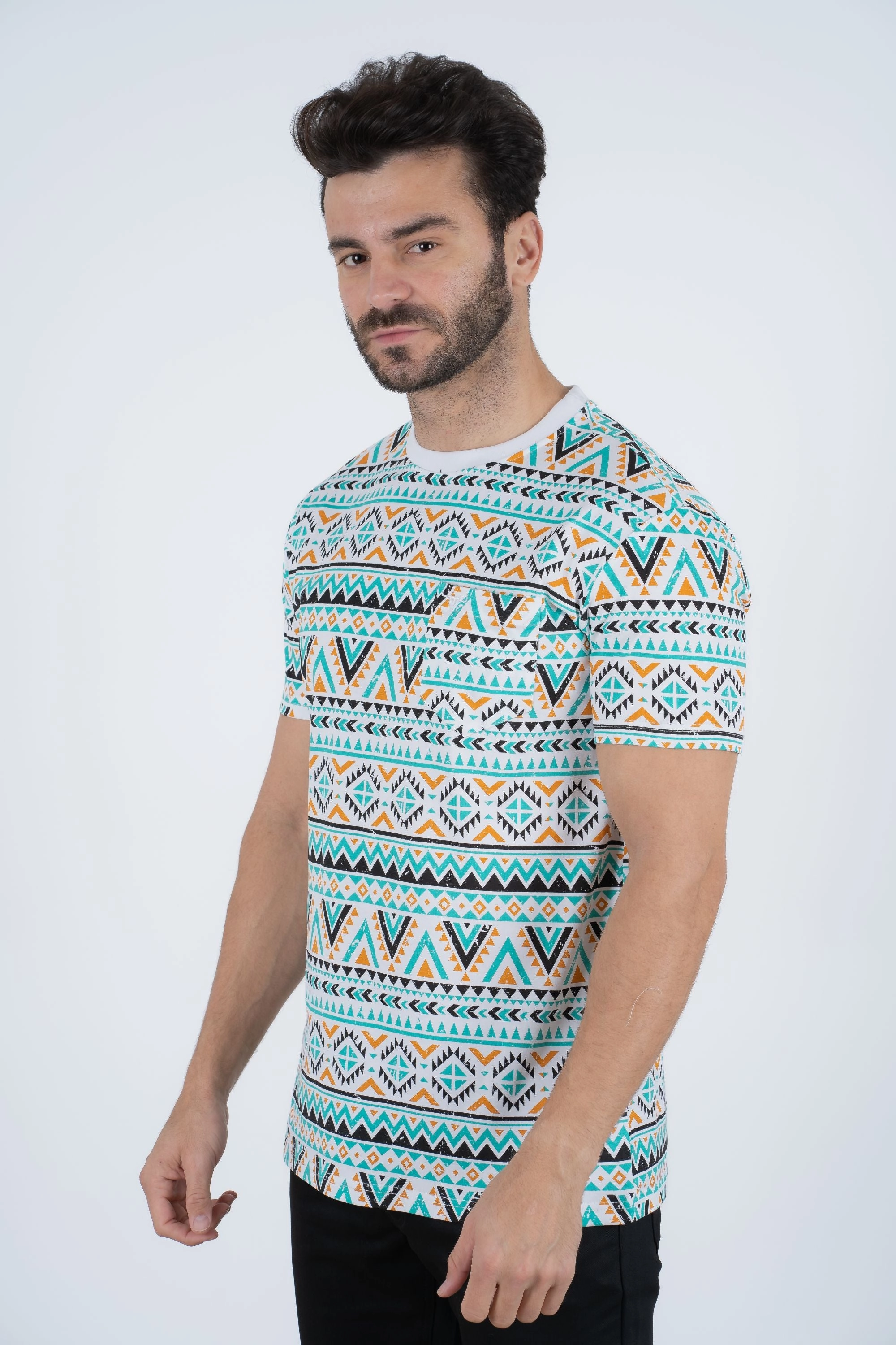 Eco Friendly Fabric Low carbon footprint Men's Cotton White Aztec Print T-shirt