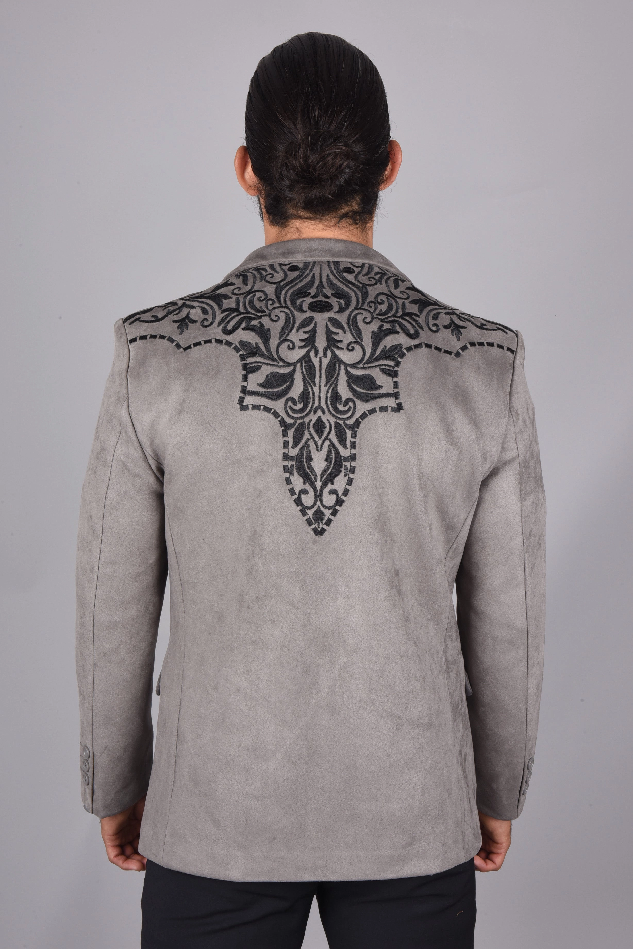 Men's Double Button Gray Faux-Suede Embroidery Blazer Lightweight Material Summer Outfit