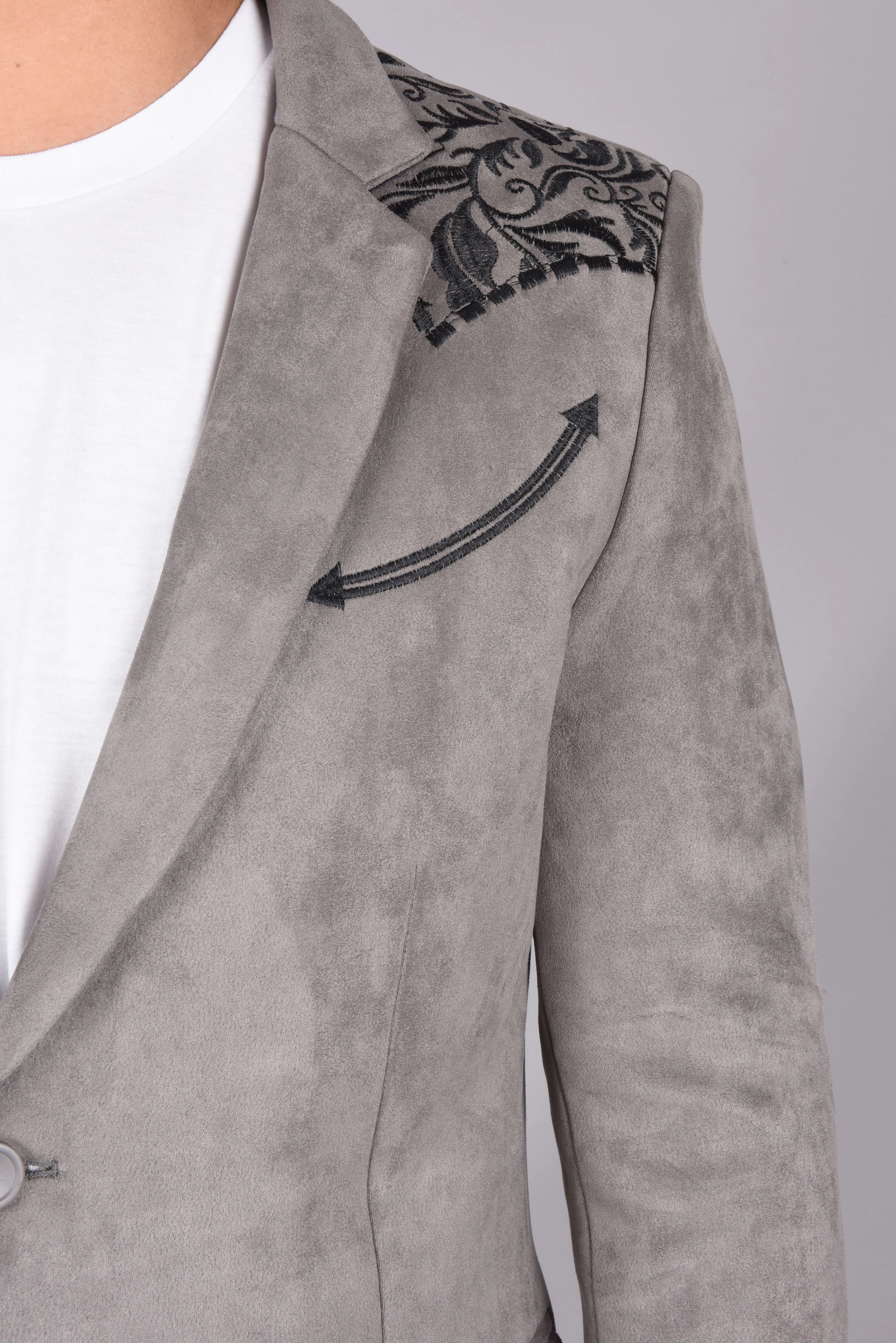 Stretchable Waistband VersatileCuff Men's Double Button Gray Faux-Suede Embroidery Blazer