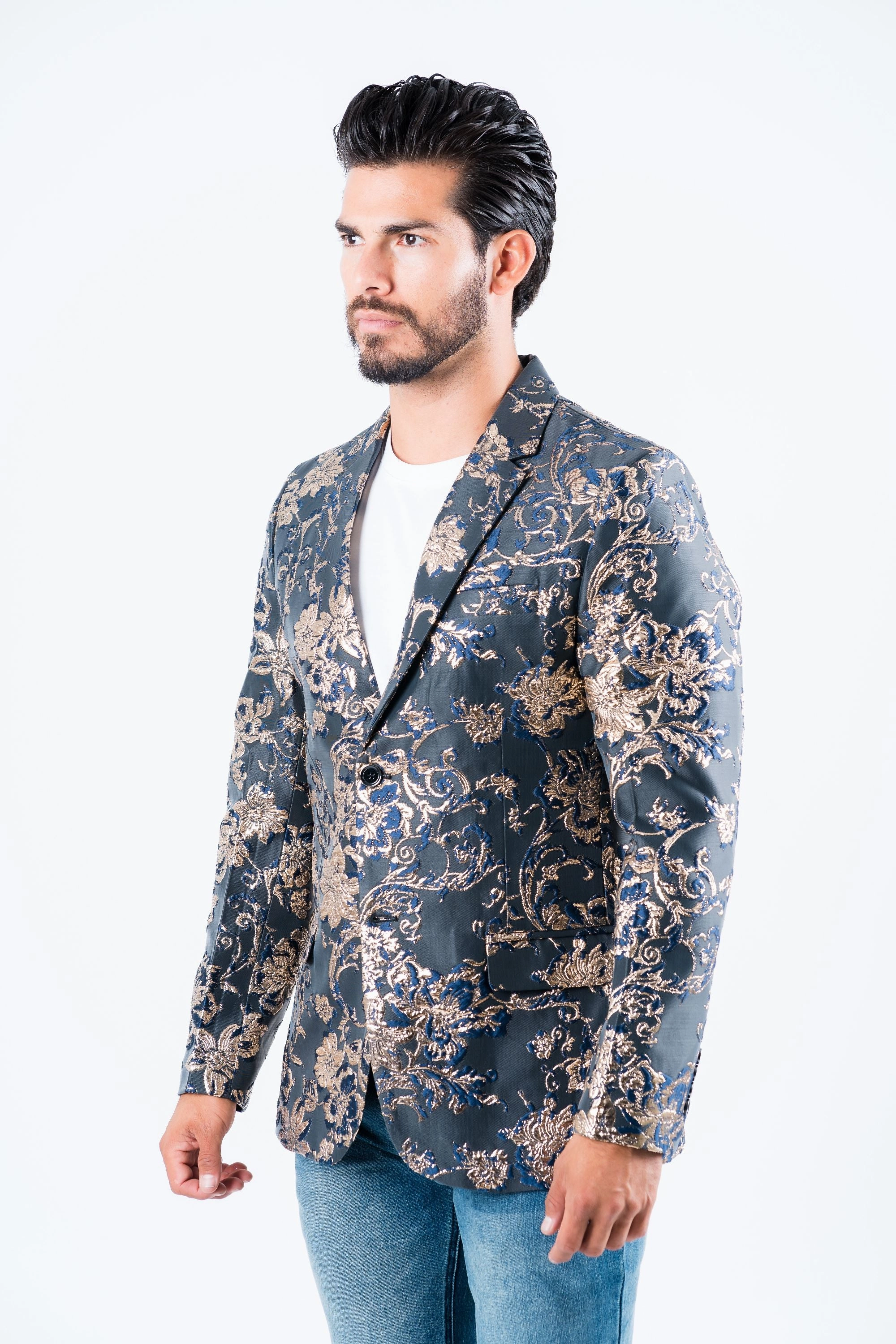 Men's Double Button Navy Flowers Print Blazer Accessory Fashion