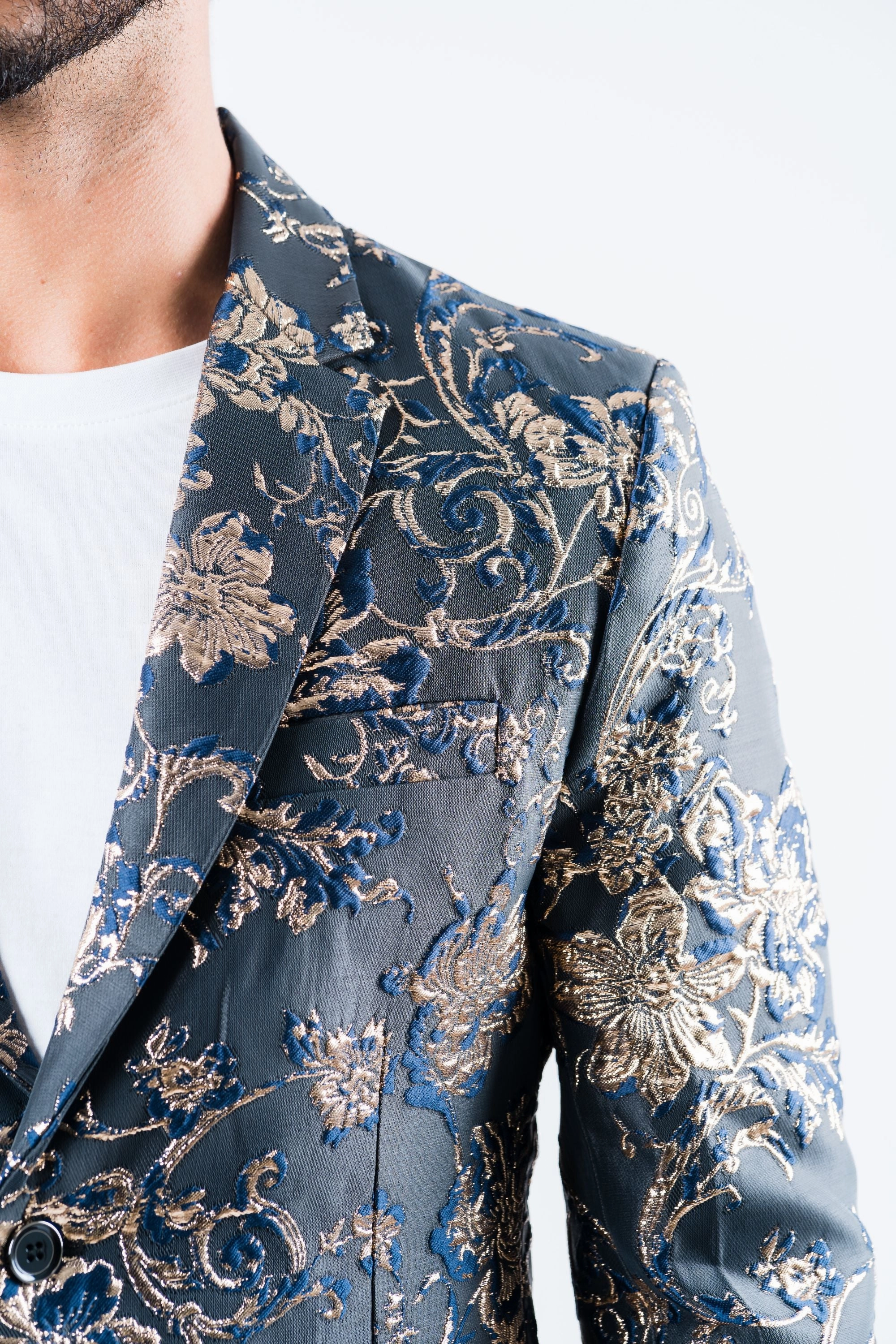 Breezy Comfort High-Waisted Pants Men's Double Button Navy Flowers Print Blazer