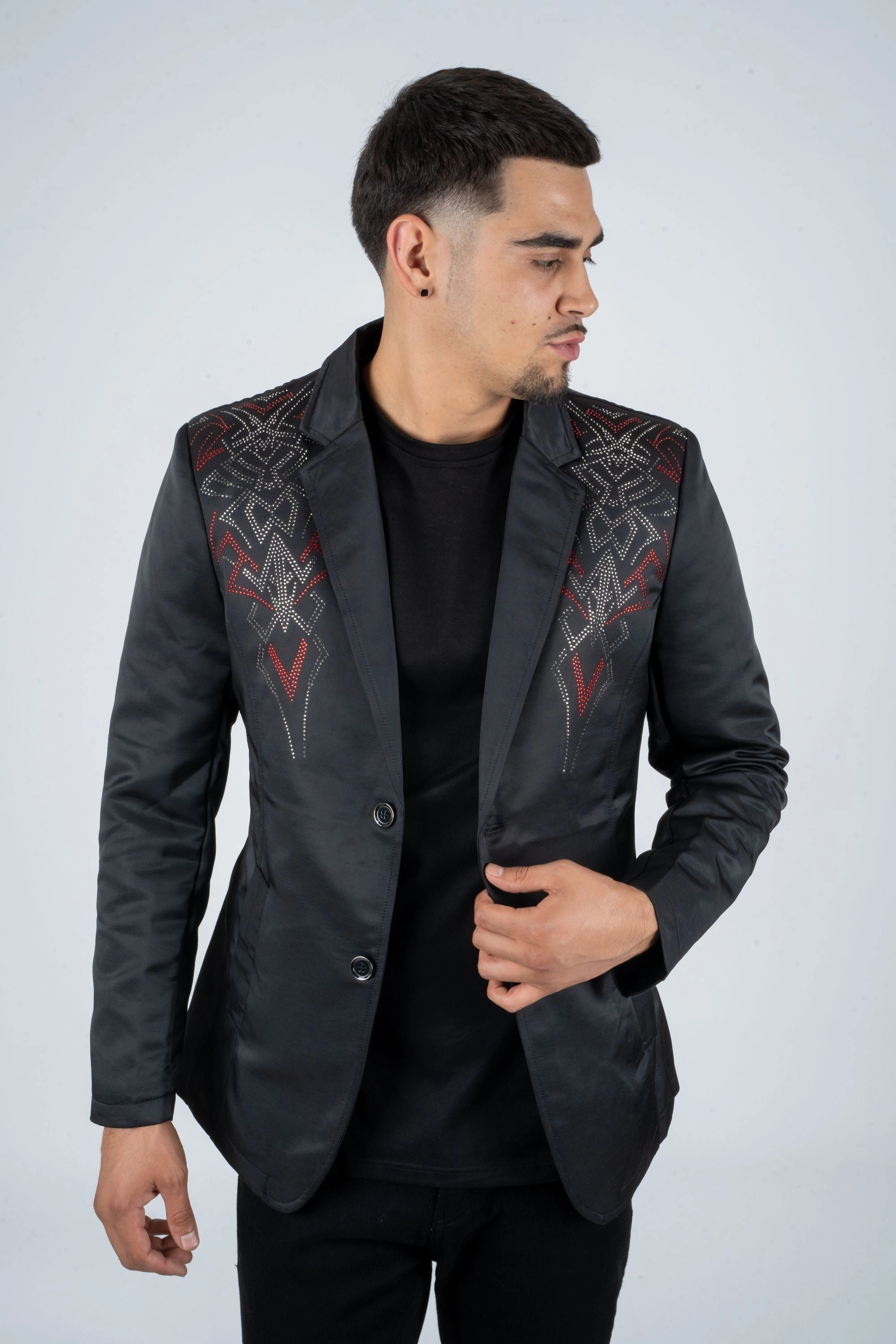 AbrasionResistantFabric Men's Double Button Rhinestone Black Blazer