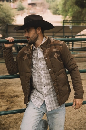 Men's Ethnic Aztec Quilted Fur Lined Twill Brown Jacket Stretchable Material Mature Charm