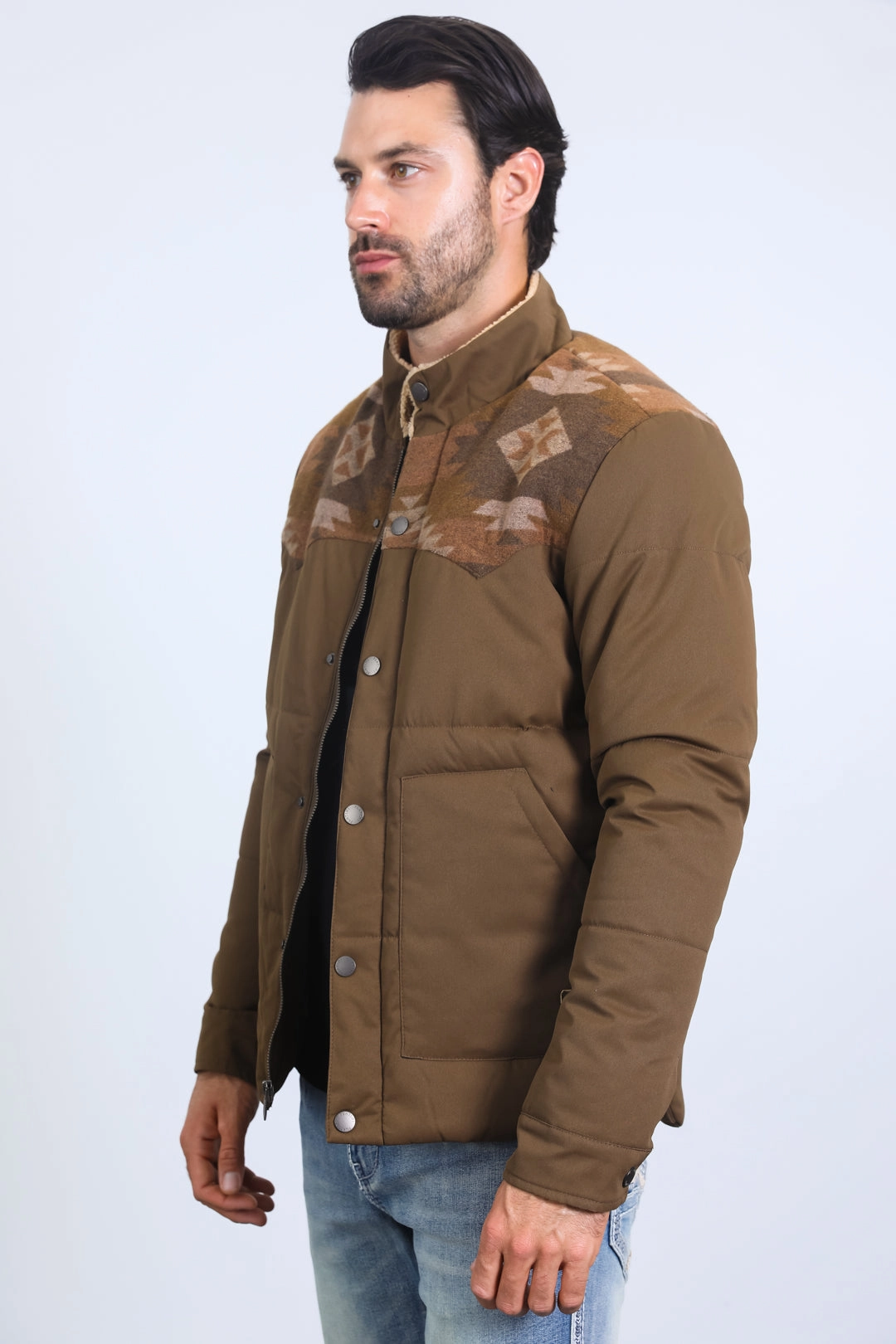 Comfy Fashion Love Energy Men's Ethnic Aztec Quilted Fur Lined Twill Brown Jacket