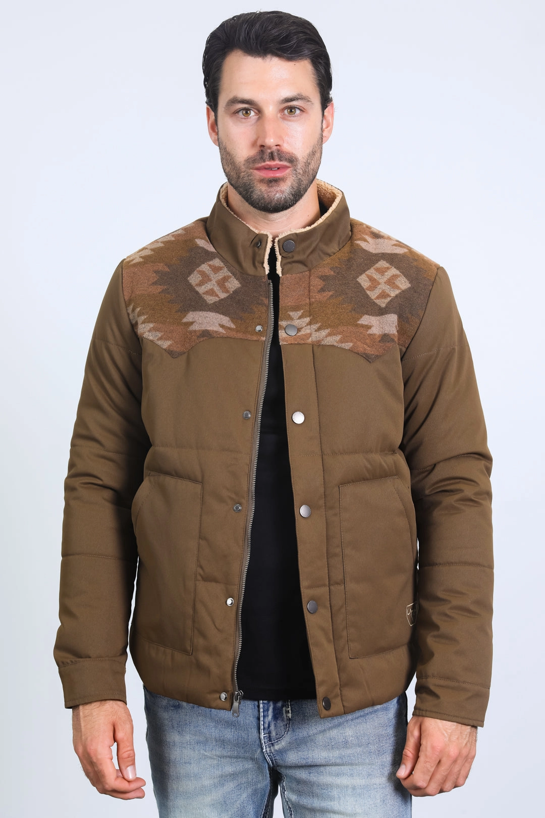 Lightweight Vest Men's Ethnic Aztec Quilted Fur Lined Twill Brown Jacket