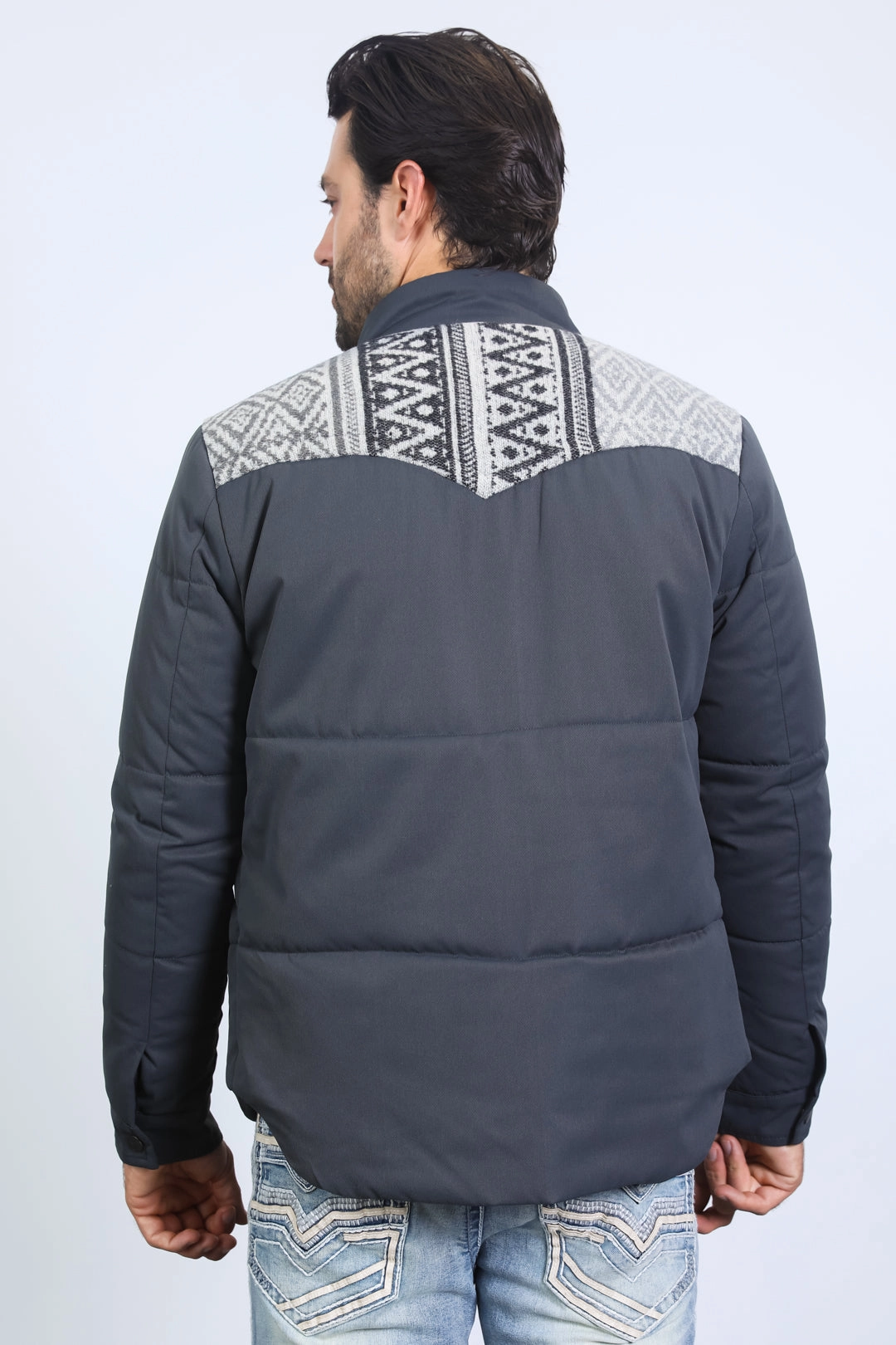 Men's Ethnic Aztec Quilted Fur Lined Twill Grey Jacket Cozy Wrap Heroine Glow