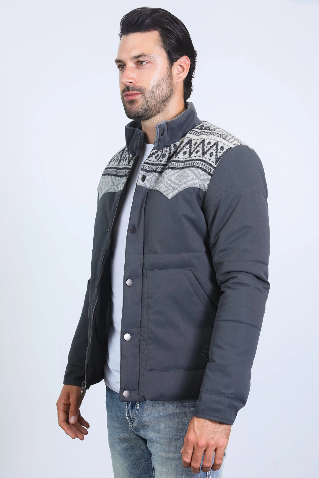 Men's Ethnic Aztec Quilted Fur Lined Twill Grey Jacket SmoothFinish