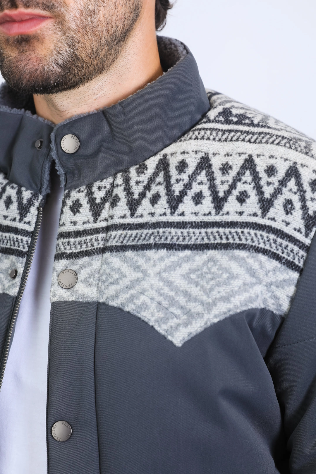 Men's Ethnic Aztec Quilted Fur Lined Twill Grey Jacket Opaque Tone