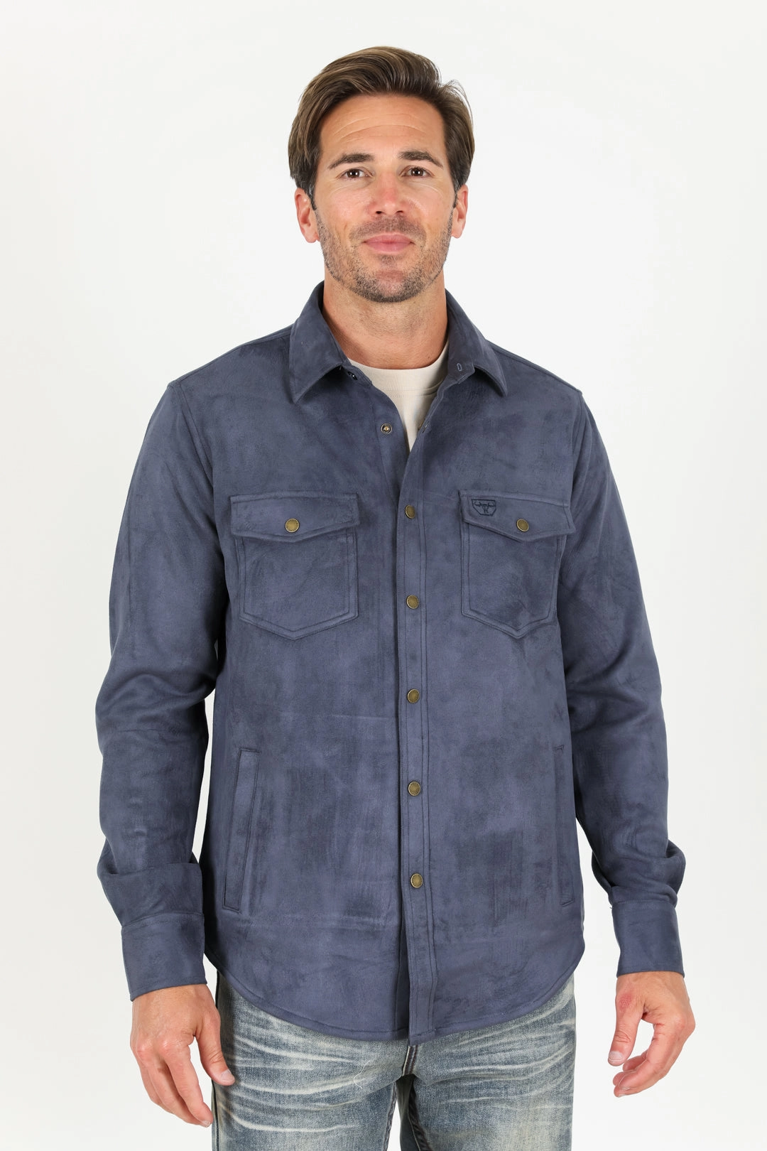 Non Static Finish Men's Faux Suede Overshirt - Navy