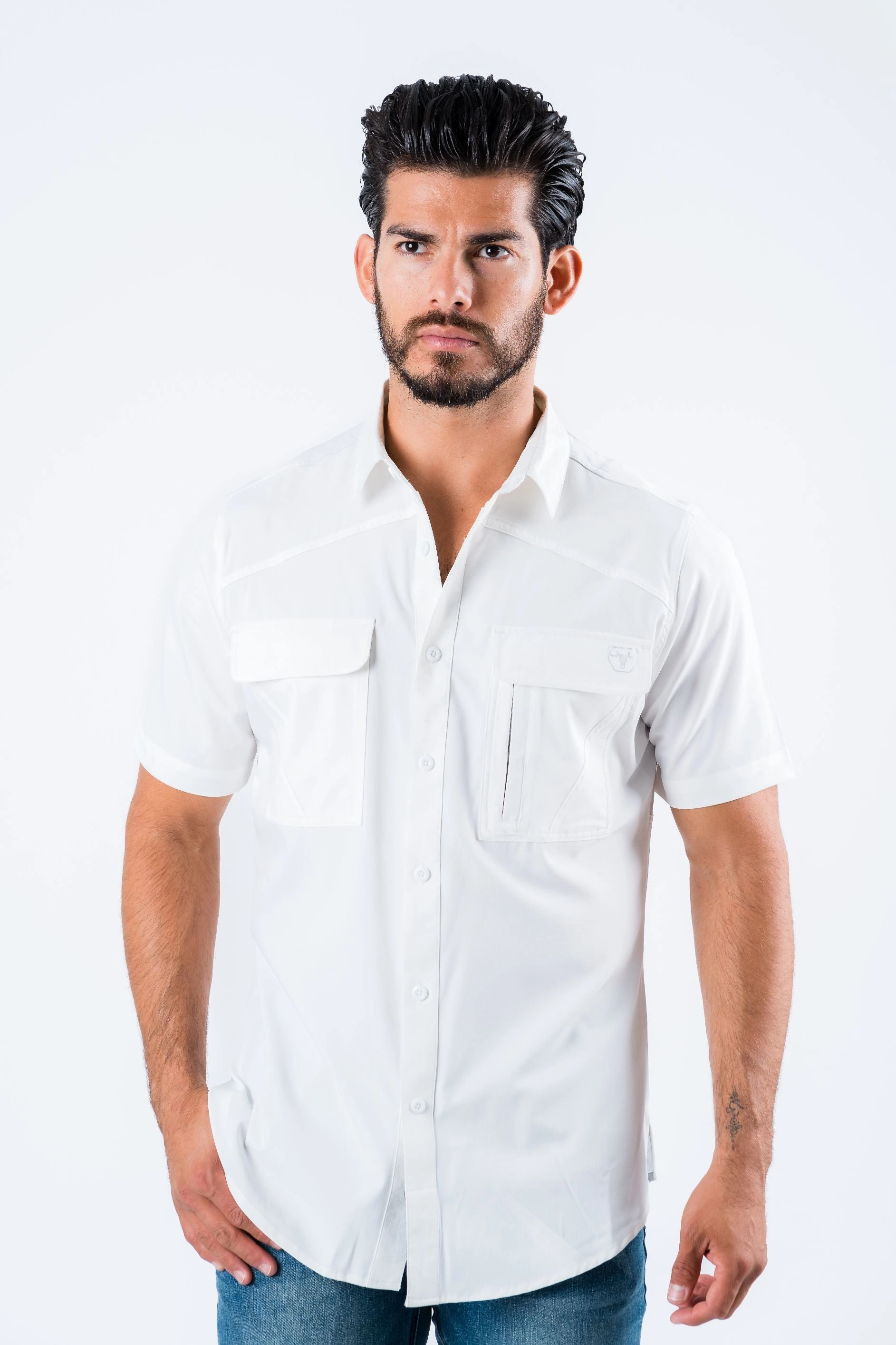 Tuckable Hem Men's Fishing White Short Sleeve Shirt