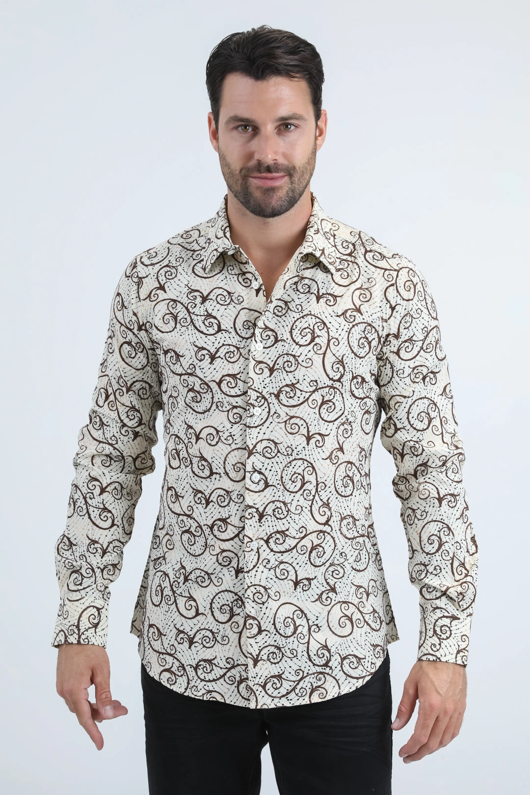 Wrinkle Free Care Men's Flocked Modern Fit Spandex Beige Shirt