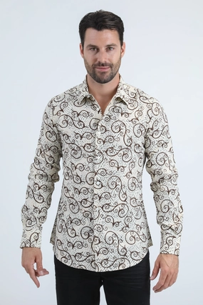 Wrinkle Free Care Men's Flocked Modern Fit Spandex Beige Shirt