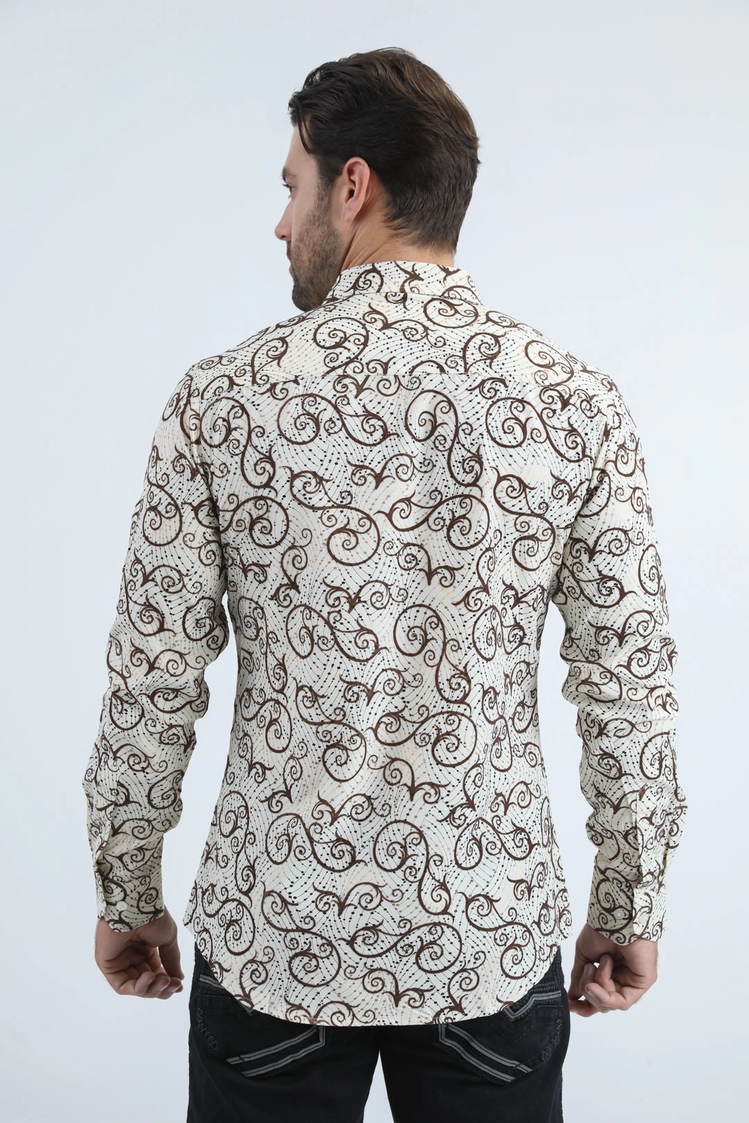 Functional Comfort Embroidered Detail Men's Flocked Modern Fit Spandex Beige Shirt